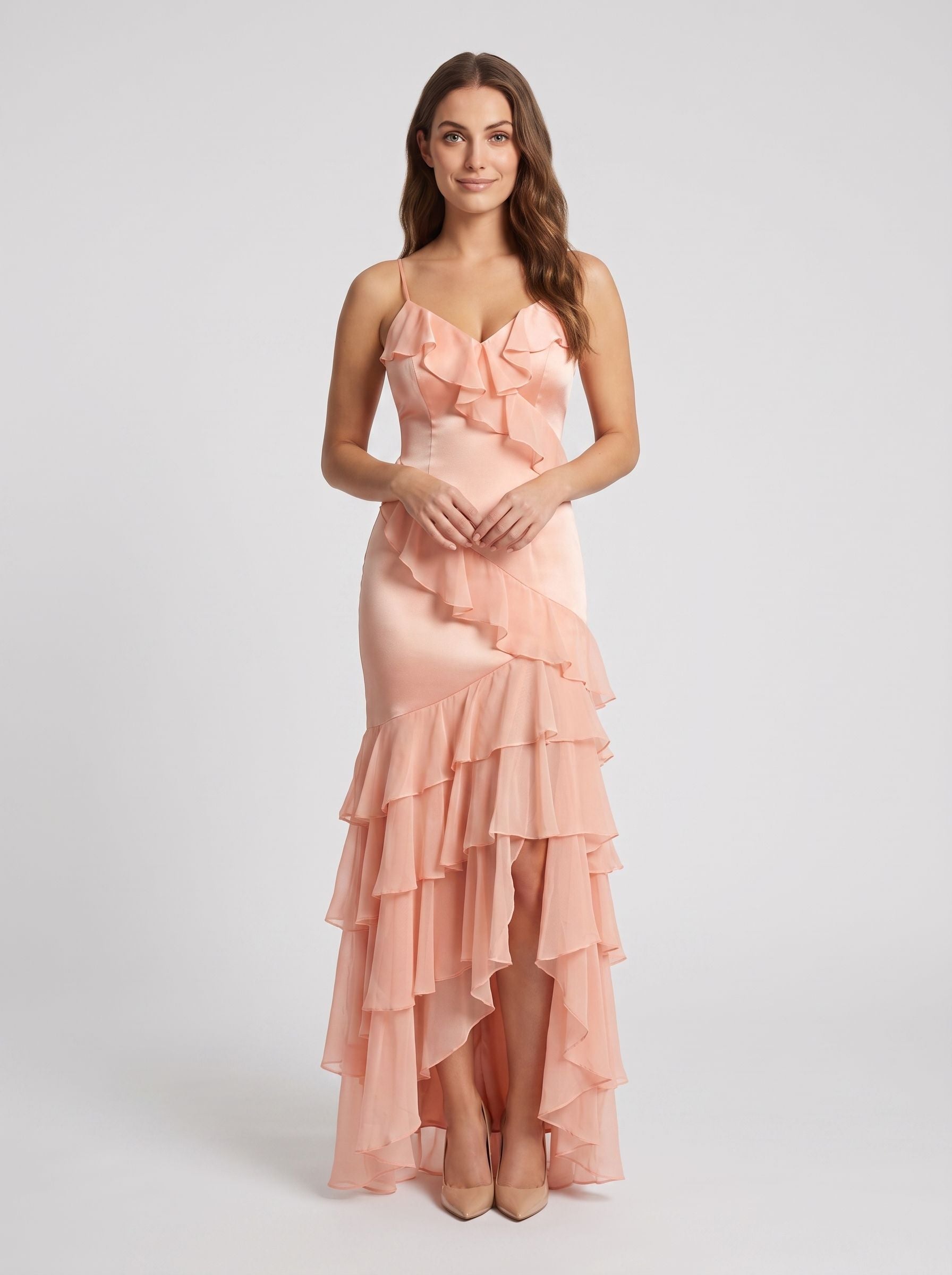Blushing Pink Satin Mermaid  V-Neck Back Zip Floor-Length Dress with Cascading Ruffles