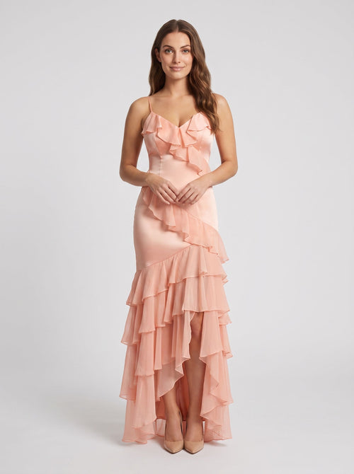Blushing Pink Satin Mermaid  V-Neck Back Zip Floor-Length Dress with Cascading Ruffles