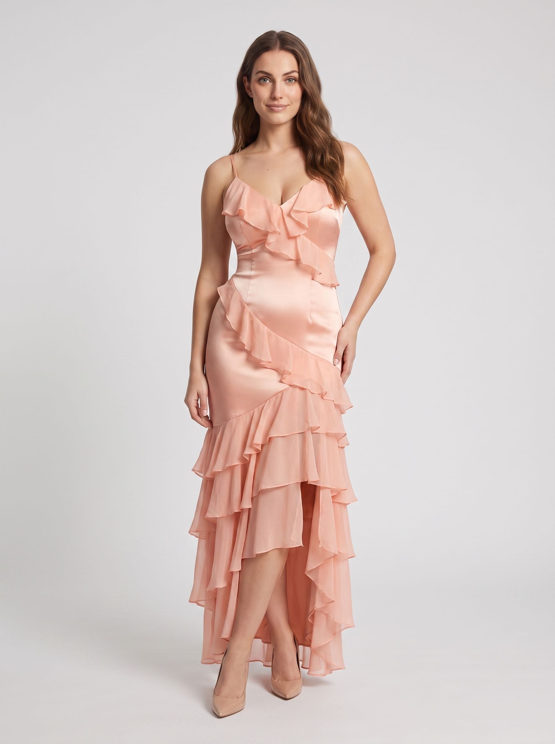 Blushing Pink Satin Mermaid  V-Neck Back Zip Floor-Length Dress with Cascading Ruffles