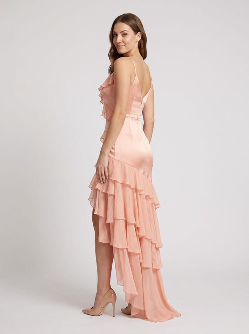Blushing Pink Satin Mermaid  V-Neck Back Zip Floor-Length Dress with Cascading Ruffles