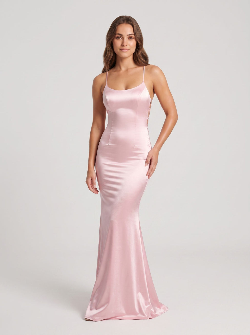 Blushing Pink Satin Mermaid Scoop Neck Criss-Cross Straps Floor-Length Dress with Cascading Ruffles