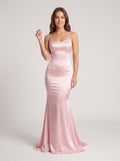 Blushing Pink Satin Mermaid Scoop Neck Criss-Cross Straps Floor-Length Dress with Cascading Ruffles