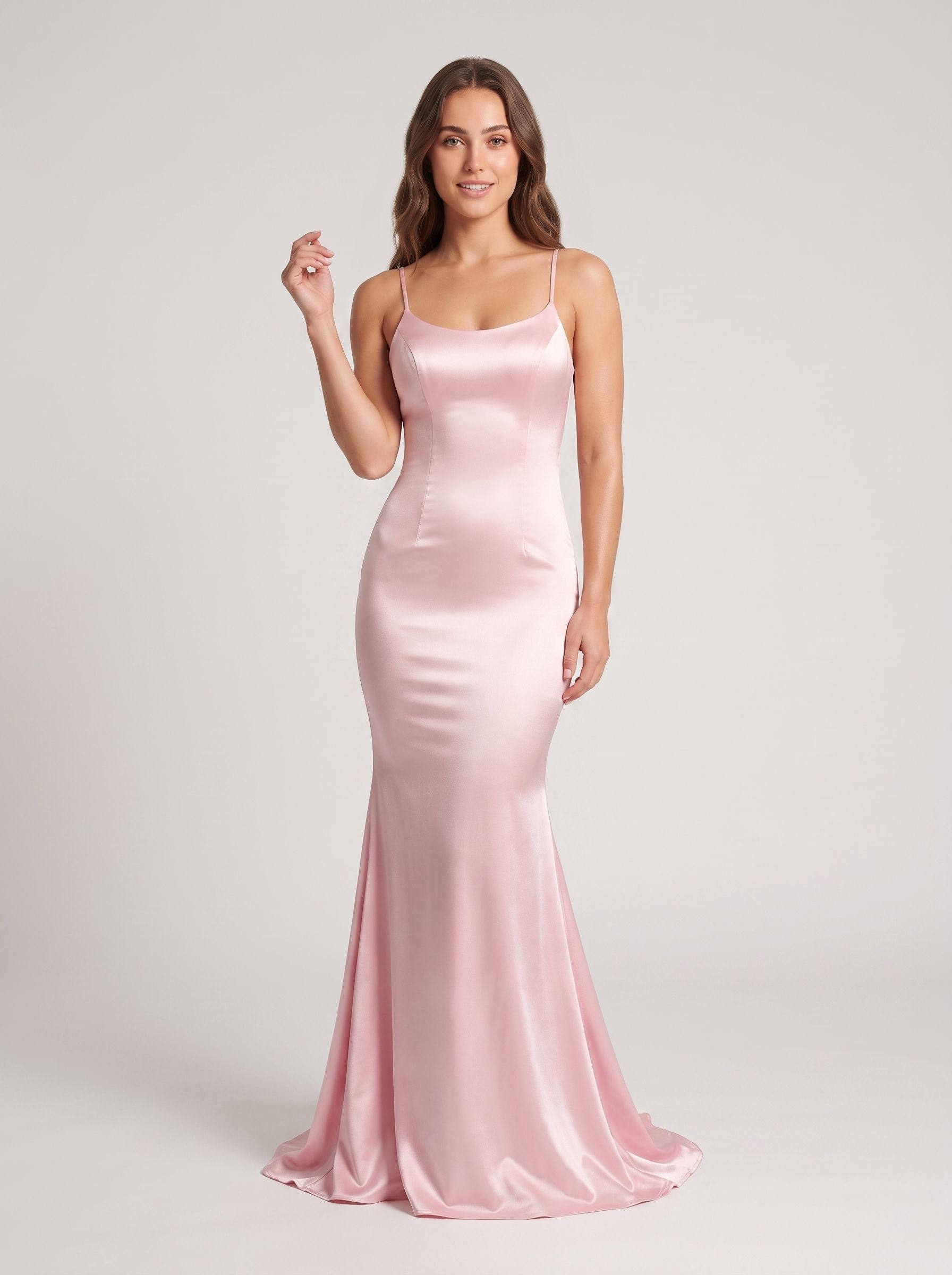 Blushing Pink Satin Mermaid Scoop Neck Criss-Cross Straps Floor-Length Dress with Cascading Ruffles