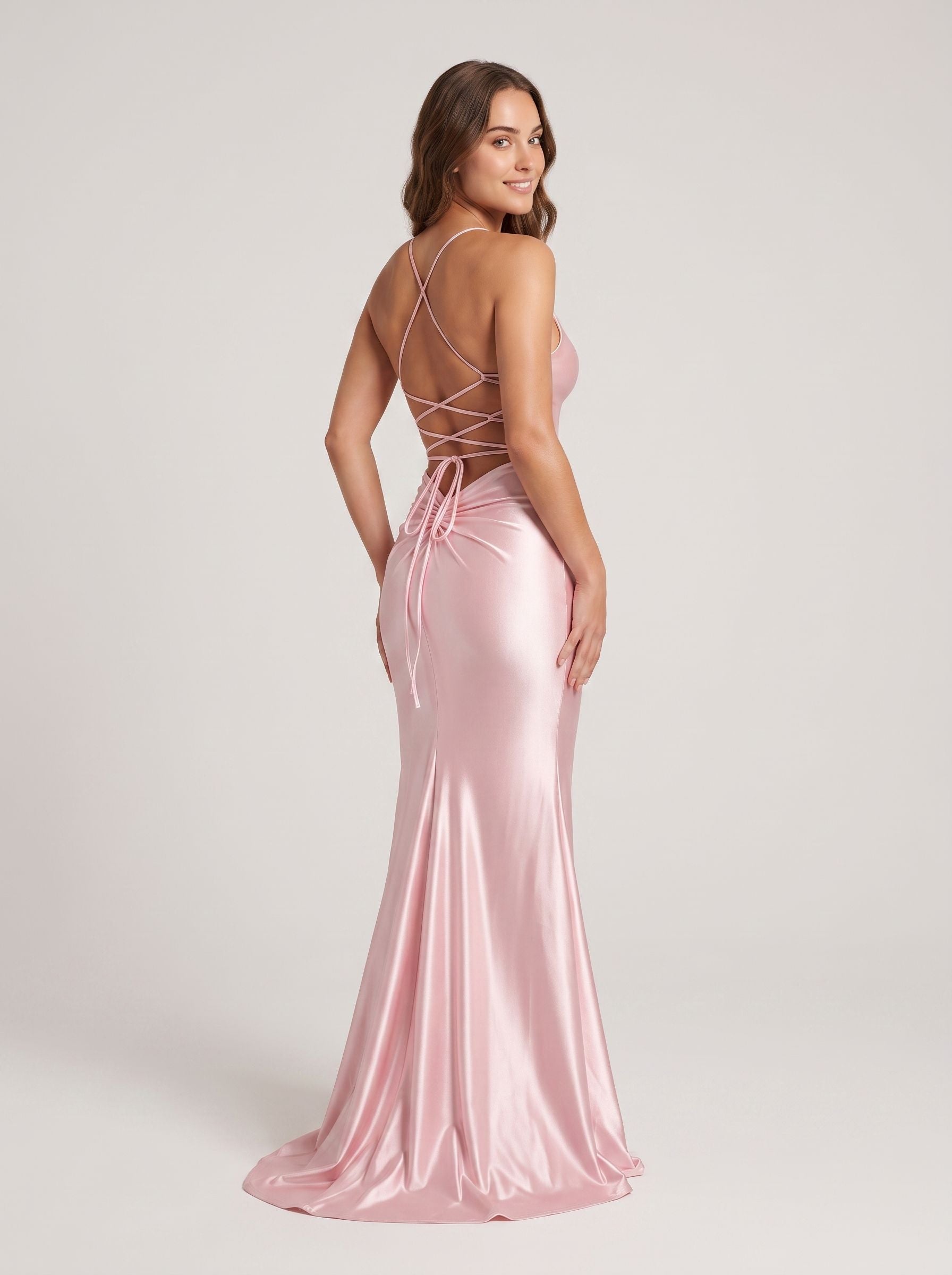 Blushing Pink Satin Mermaid Scoop Neck Criss-Cross Straps Floor-Length Dress with Cascading Ruffles