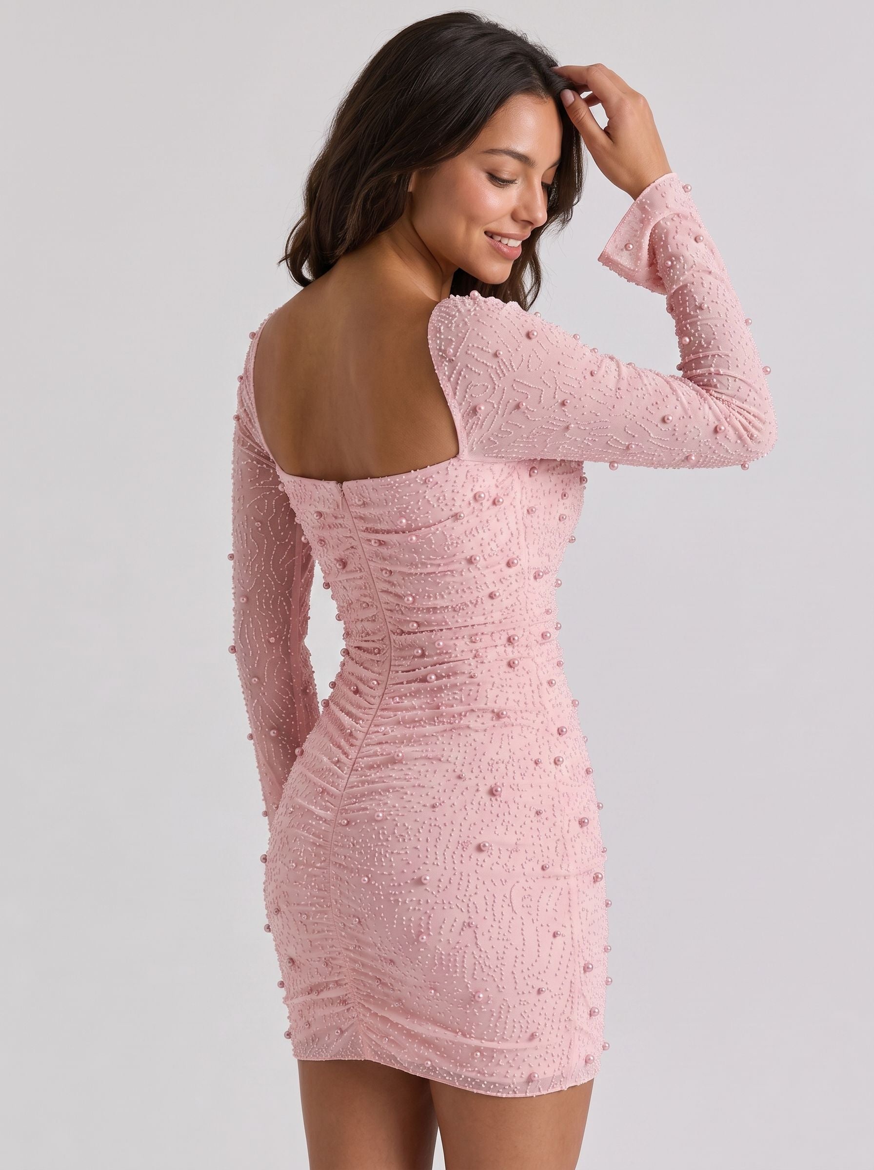 Petal Tulle Sheath Square Neck Back Zip Short Dress with Pearls