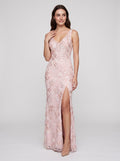 Blushing Pink Sequins Sheath V-Neck V-Back Floor-Length Dress with High Slit