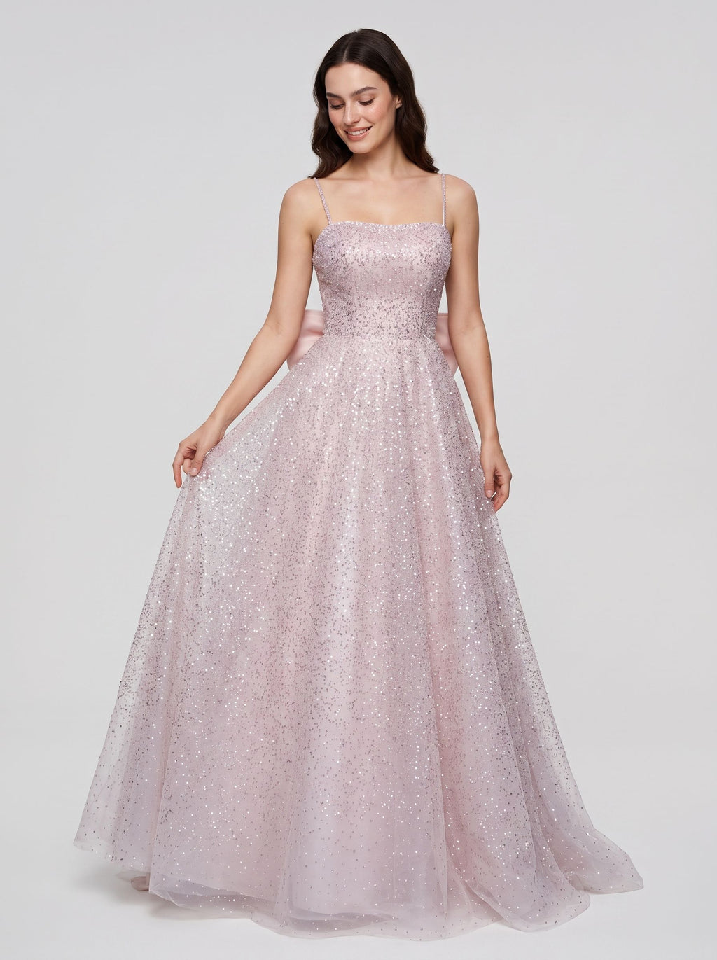 Blushing Pink Sequins A-Line  Square Neck Bow Floor-Length Dress with Spaghetti Straps