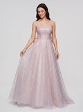Blushing Pink Sequins A-Line  Square Neck Bow Floor-Length Dress with Spaghetti Straps