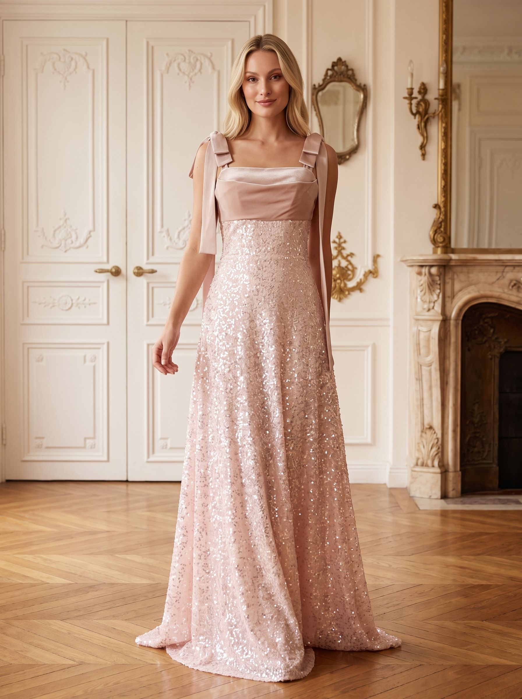 Blushing Pink Sequins A-Line Square Neck Back Zip Floor-Length Dress with Spaghetti Straps