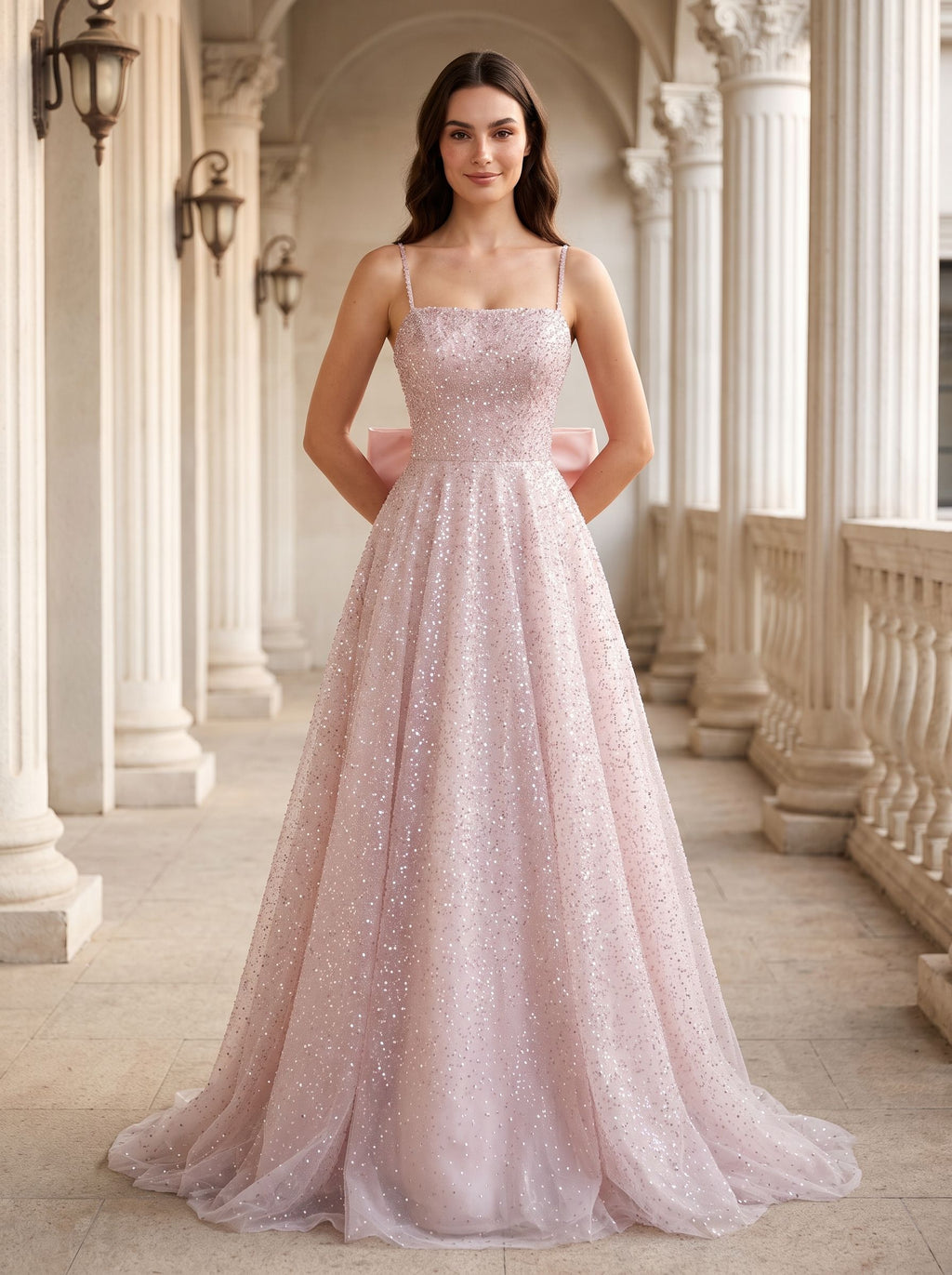 Blushing Pink Sequins A-Line  Square Neck Bow Floor-Length Dress with Spaghetti Straps