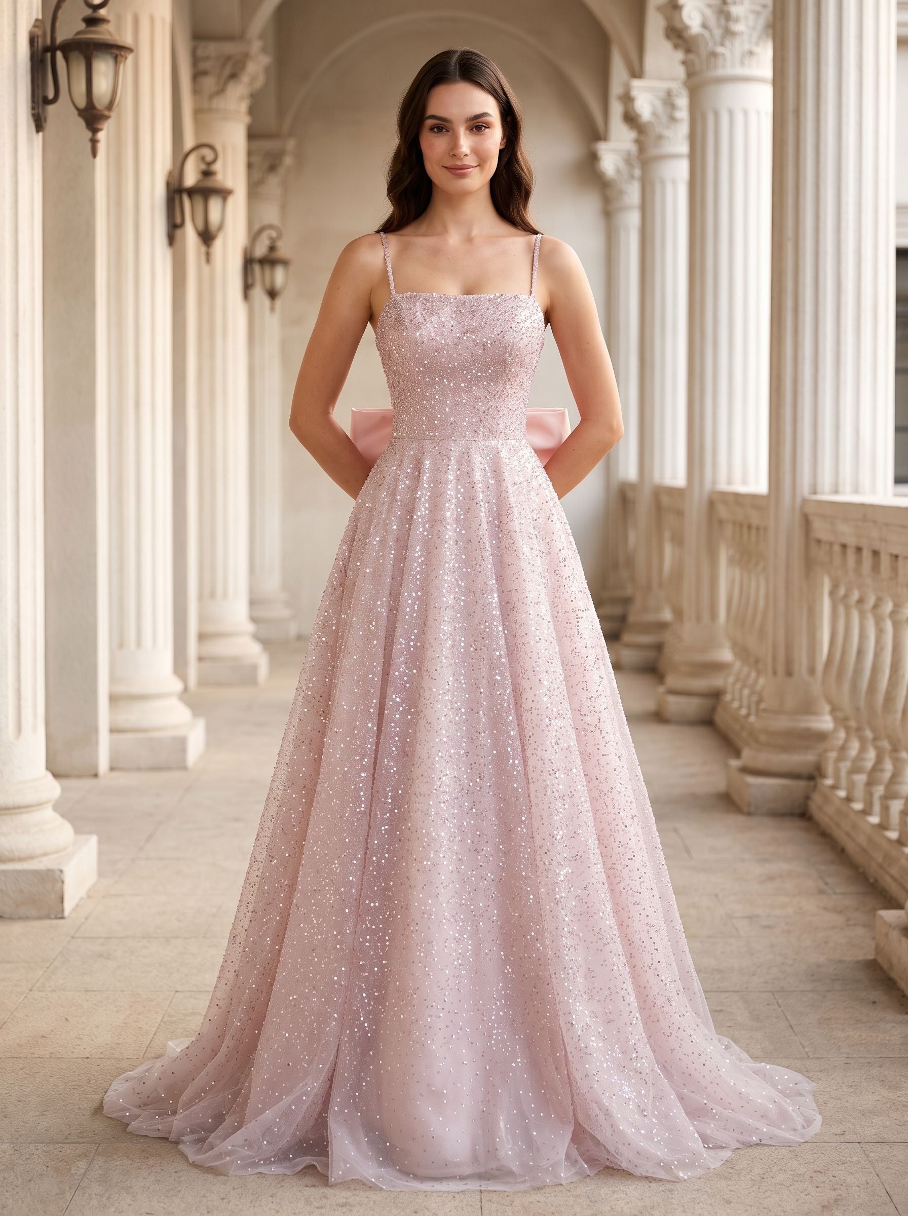 Blushing Pink Sequins A-Line  Square Neck Bow Floor-Length Dress with Spaghetti Straps