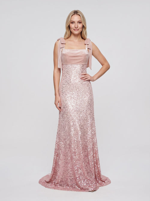Blushing Pink Sequins A-Line Square Neck Back Zip Floor-Length Dress with Spaghetti Straps