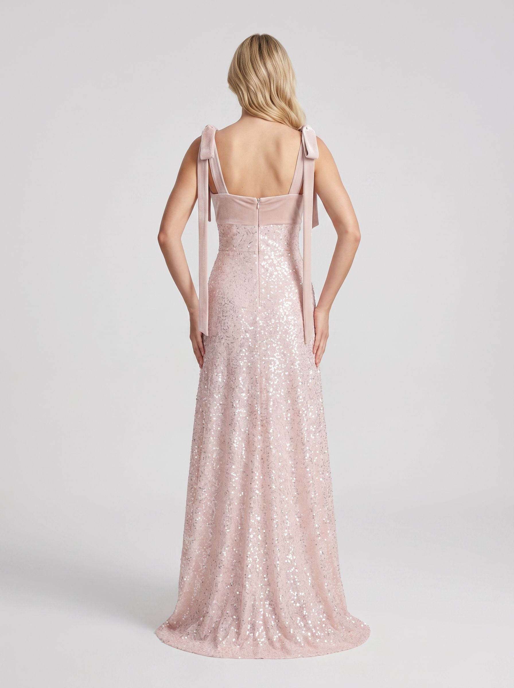 Blushing Pink Sequins A-Line Square Neck Back Zip Floor-Length Dress with Spaghetti Straps