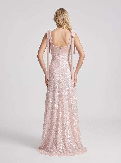 Blushing Pink Sequins A-Line Square Neck Back Zip Floor-Length Dress with Spaghetti Straps