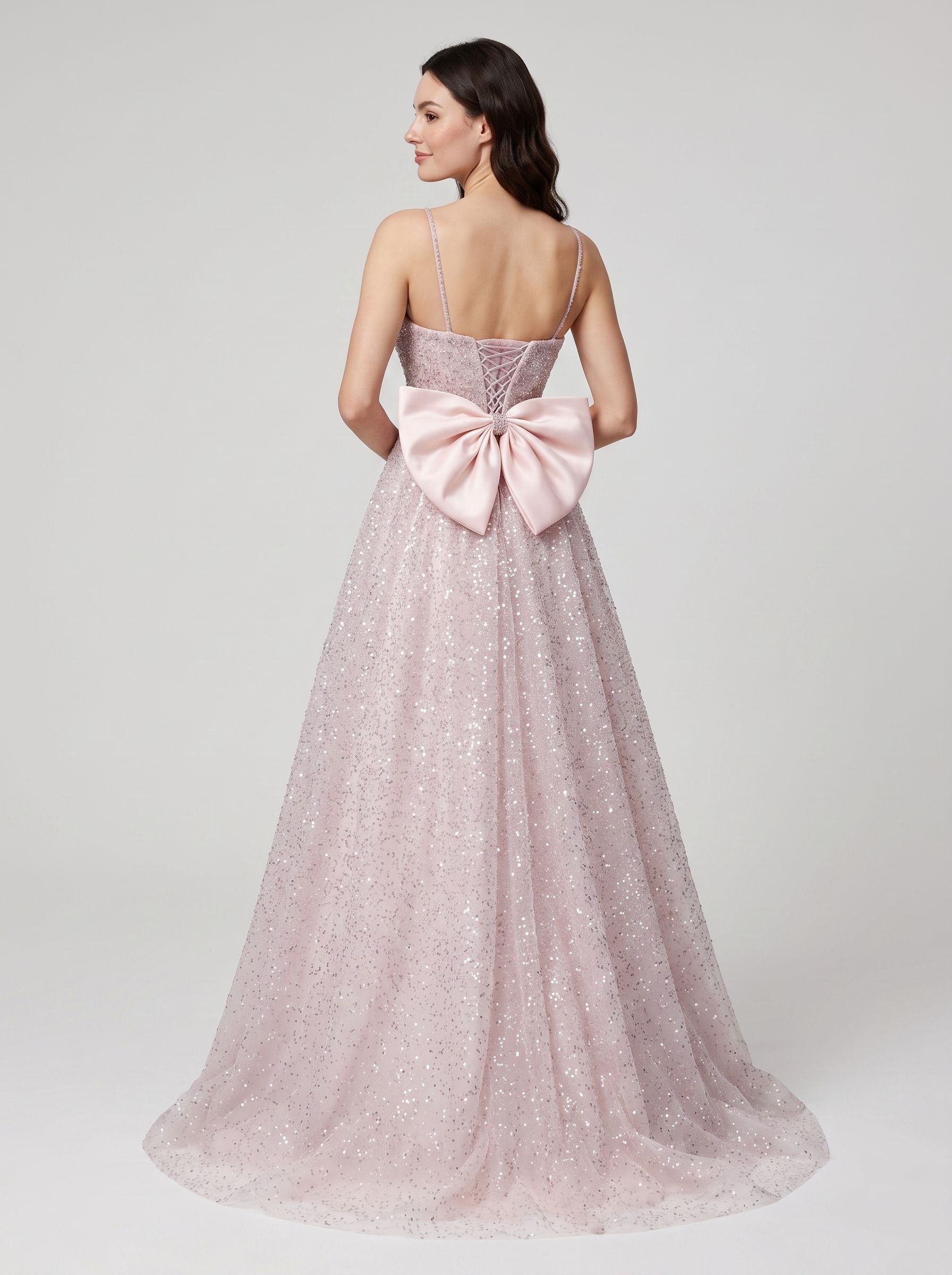 Blushing Pink Sequins A-Line  Square Neck Bow Floor-Length Dress with Spaghetti Straps