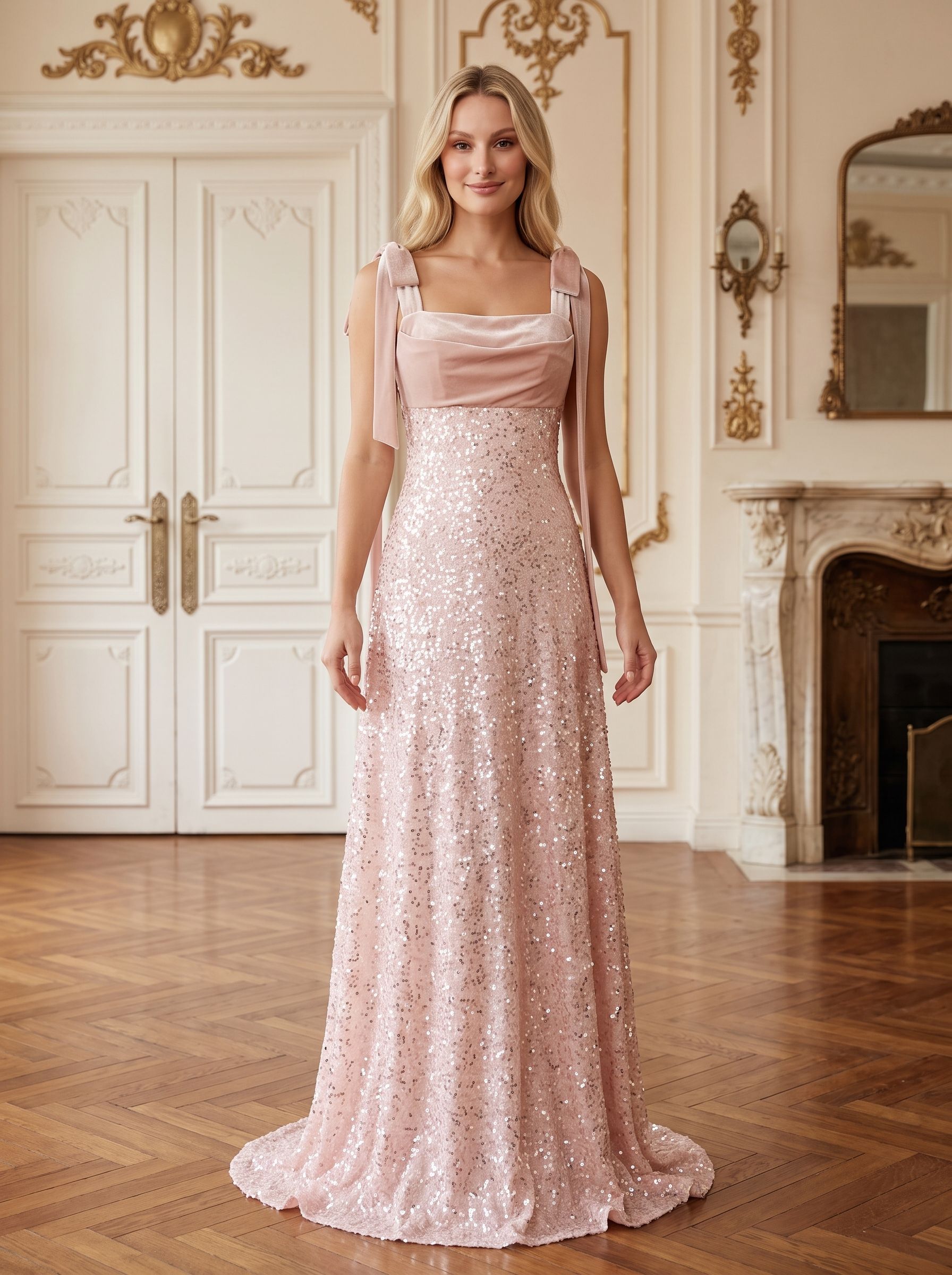 Blushing Pink Sequins A-Line Square Neck Back Zip Floor-Length Dress with Spaghetti Straps