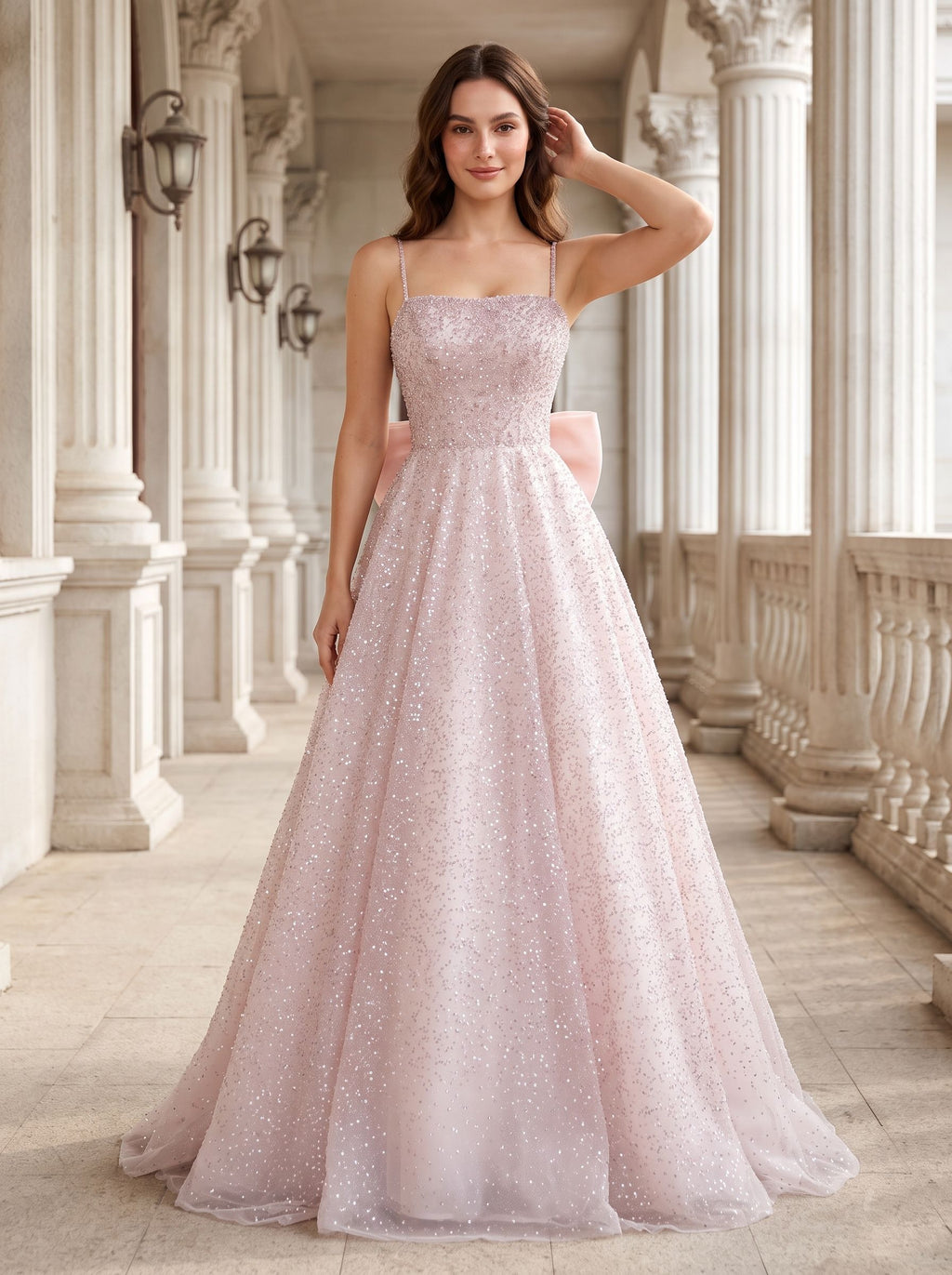 Blushing Pink Sequins A-Line  Square Neck Bow Floor-Length Dress with Spaghetti Straps