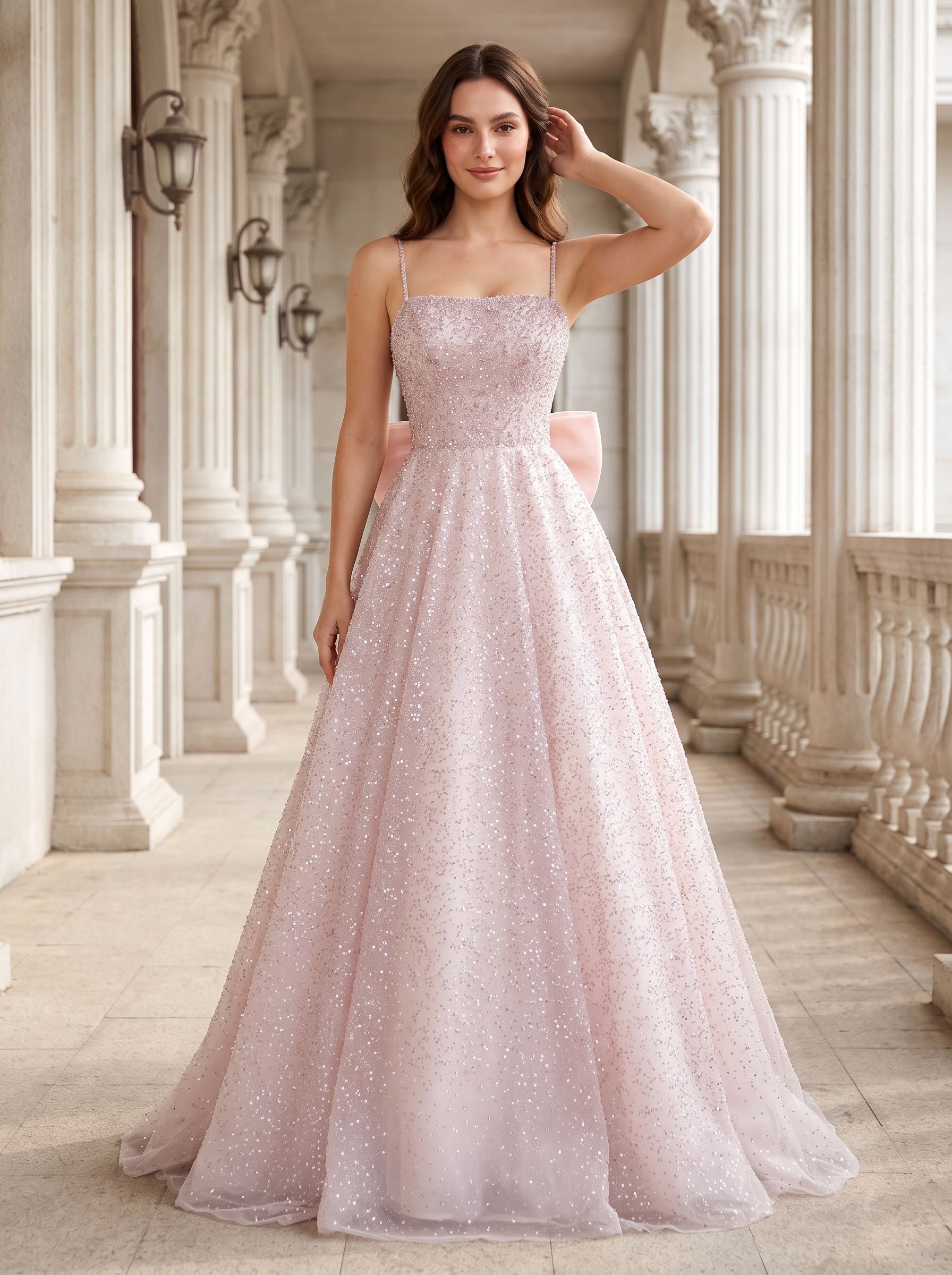 Blushing Pink Sequins A-Line  Square Neck Bow Floor-Length Dress with Spaghetti Straps