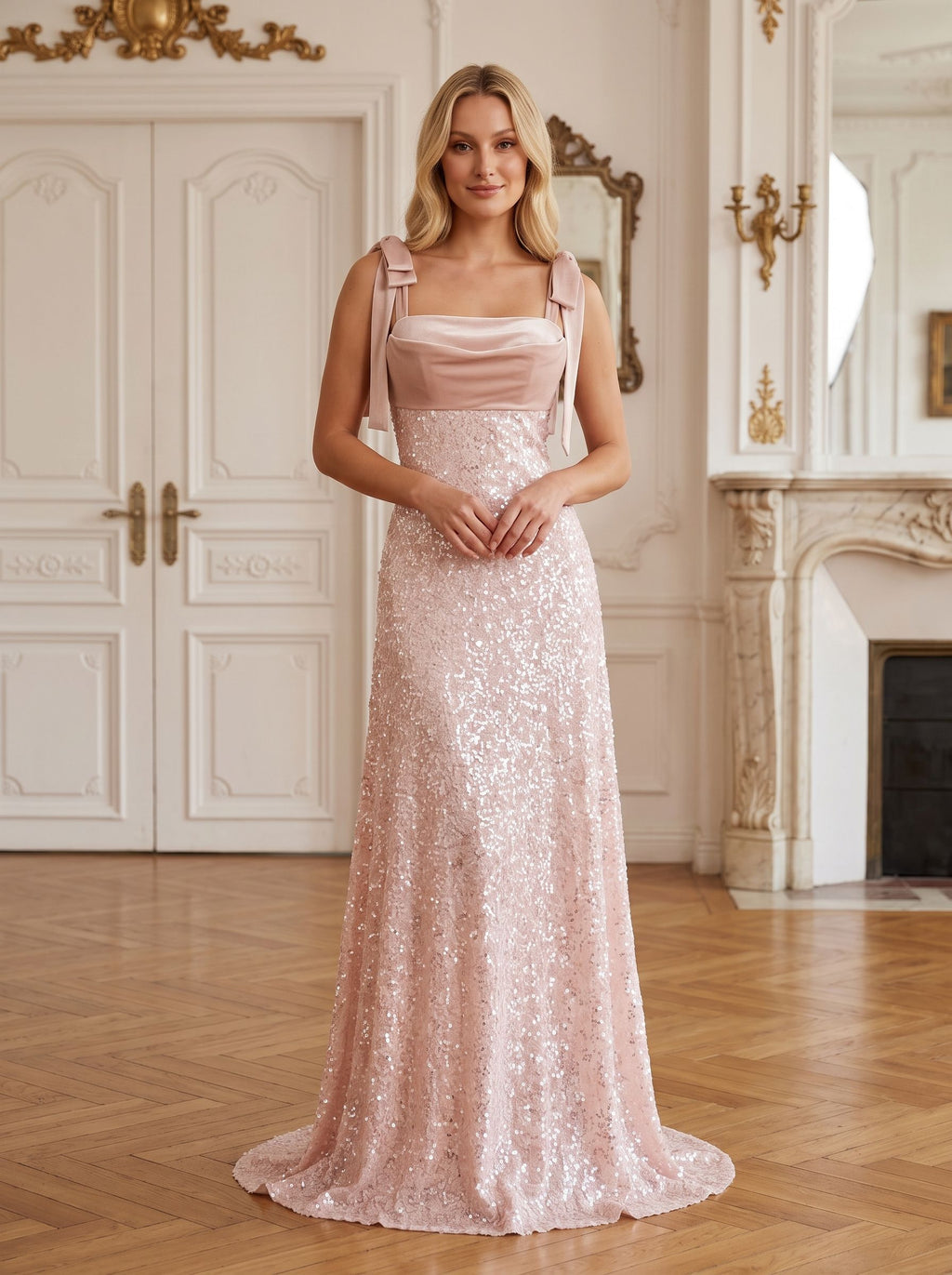 Blushing Pink Sequins A-Line Square Neck Back Zip Floor-Length Dress with Spaghetti Straps