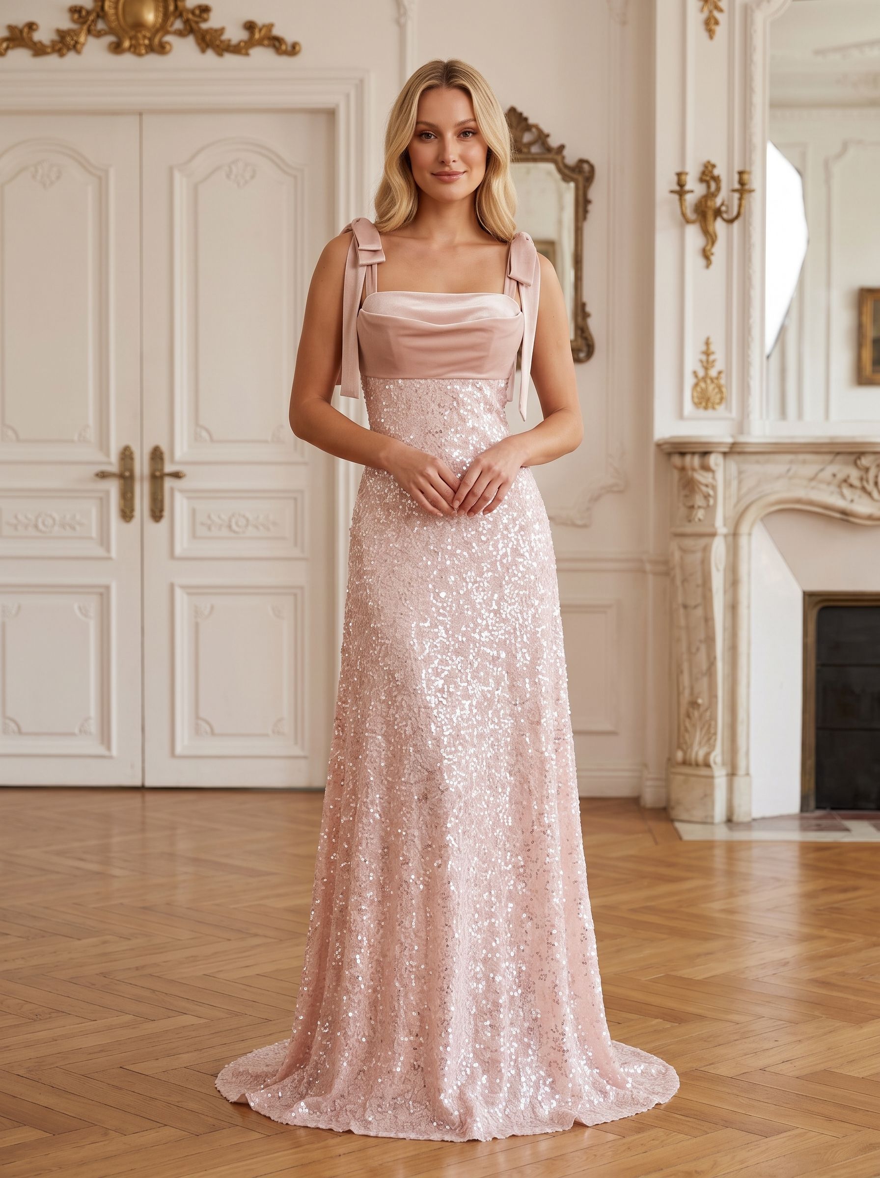 Blushing Pink Sequins A-Line Square Neck Back Zip Floor-Length Dress with Spaghetti Straps
