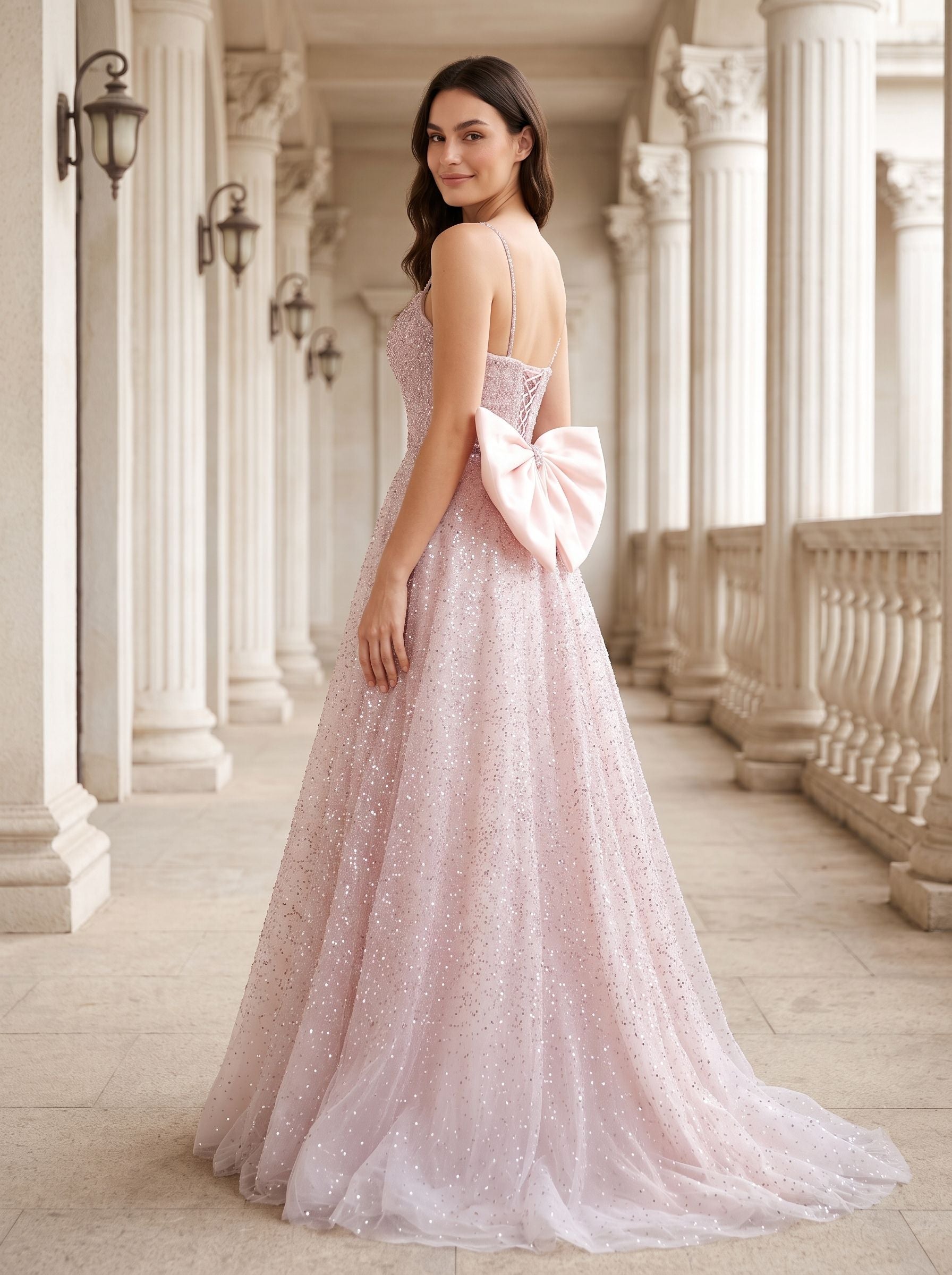 Blushing Pink Sequins A-Line  Square Neck Bow Floor-Length Dress with Spaghetti Straps