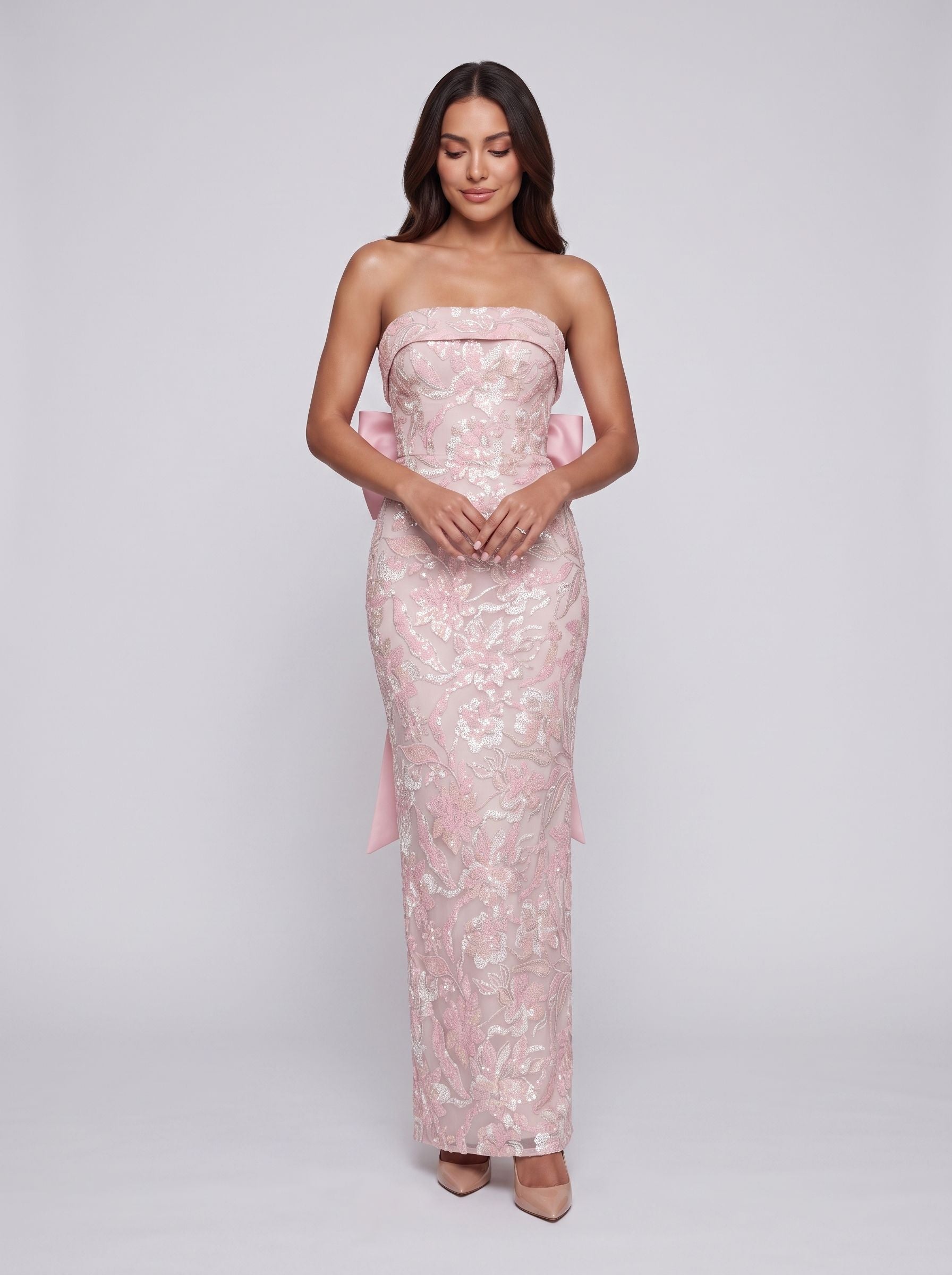 Petal Sequins column Straight Neck Bow Floor-Length Dress with Slit