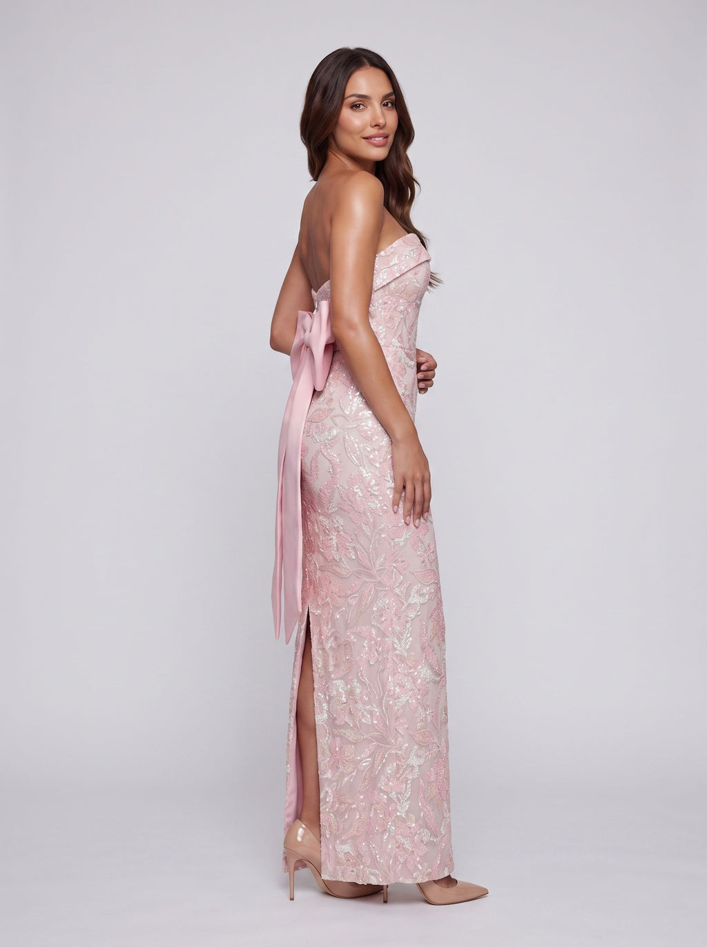 Petal Sequins column Straight Neck Bow Floor-Length Dress with Slit