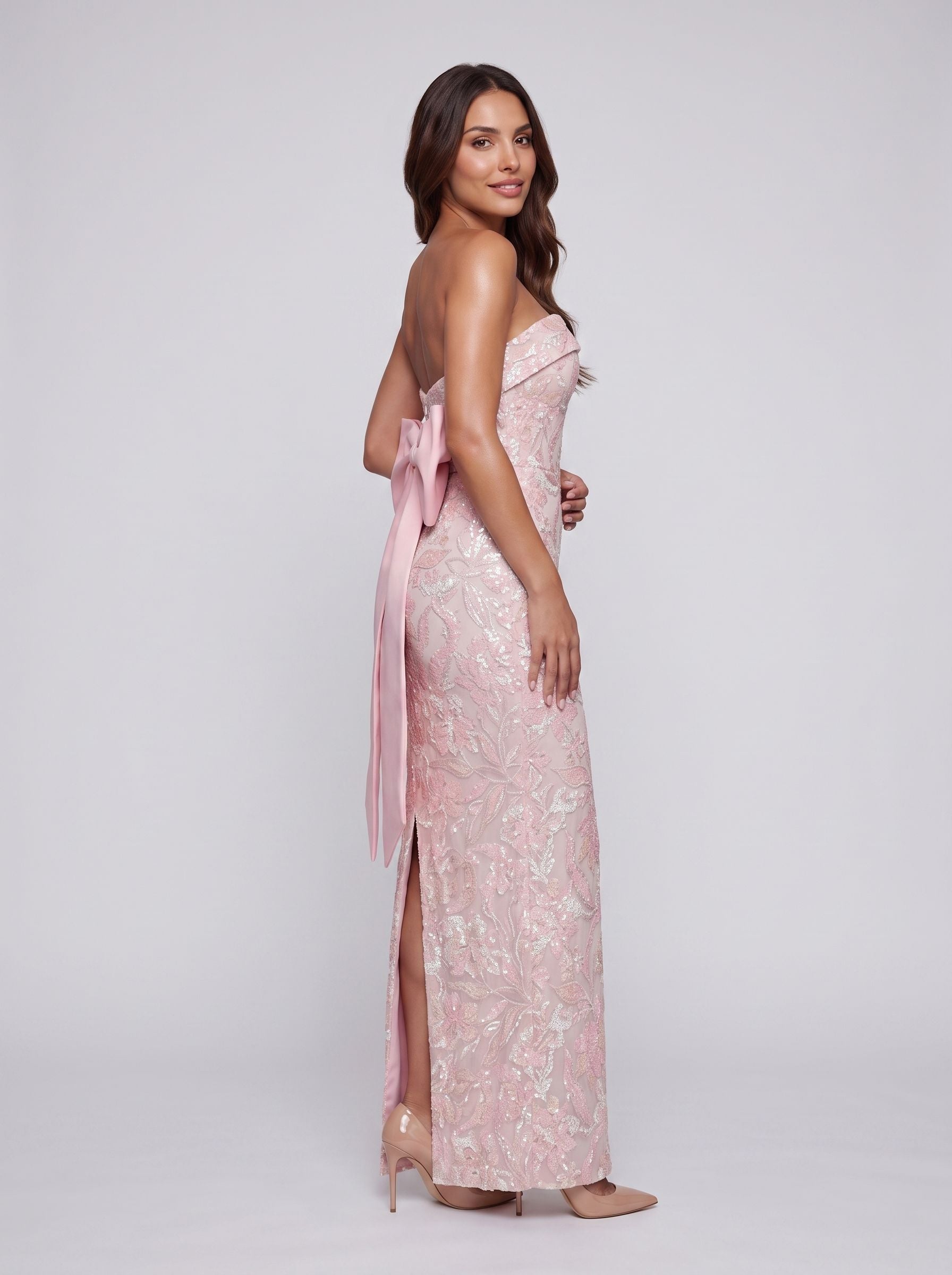 Petal Sequins column Straight Neck Bow Floor-Length Dress with Slit