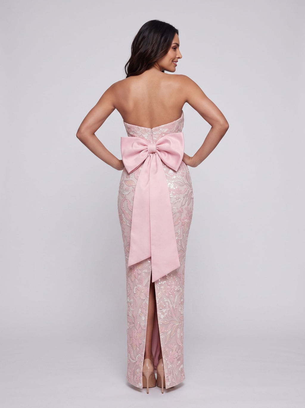 Petal Sequins column Straight Neck Bow Floor-Length Dress with Slit