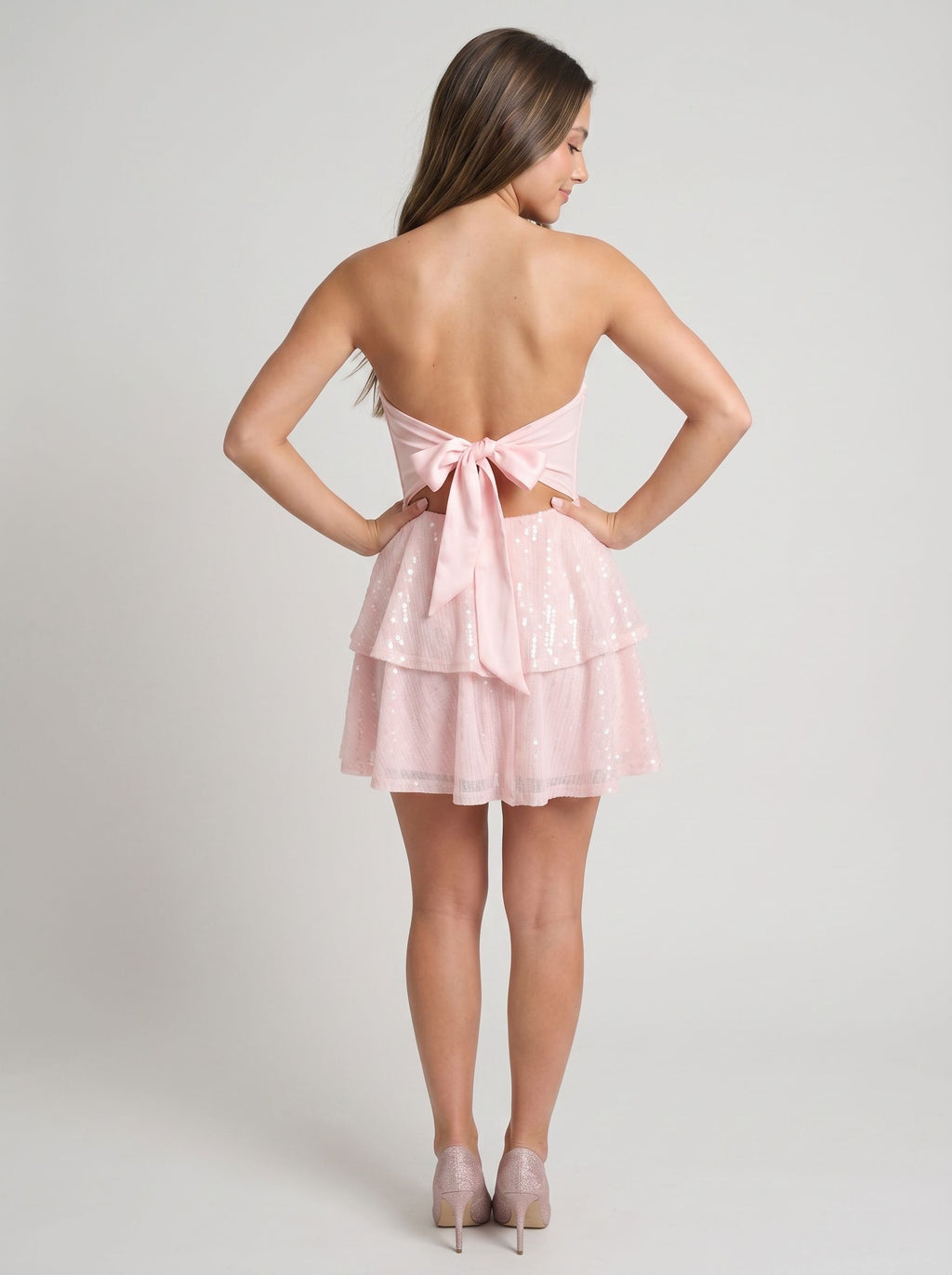 Blushing Pink Sequins A-Line Straight Neck Bow Short Dress