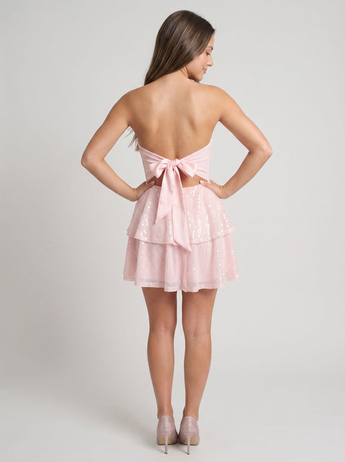 Blushing Pink Sequins A-Line Straight Neck Bow Short Dress