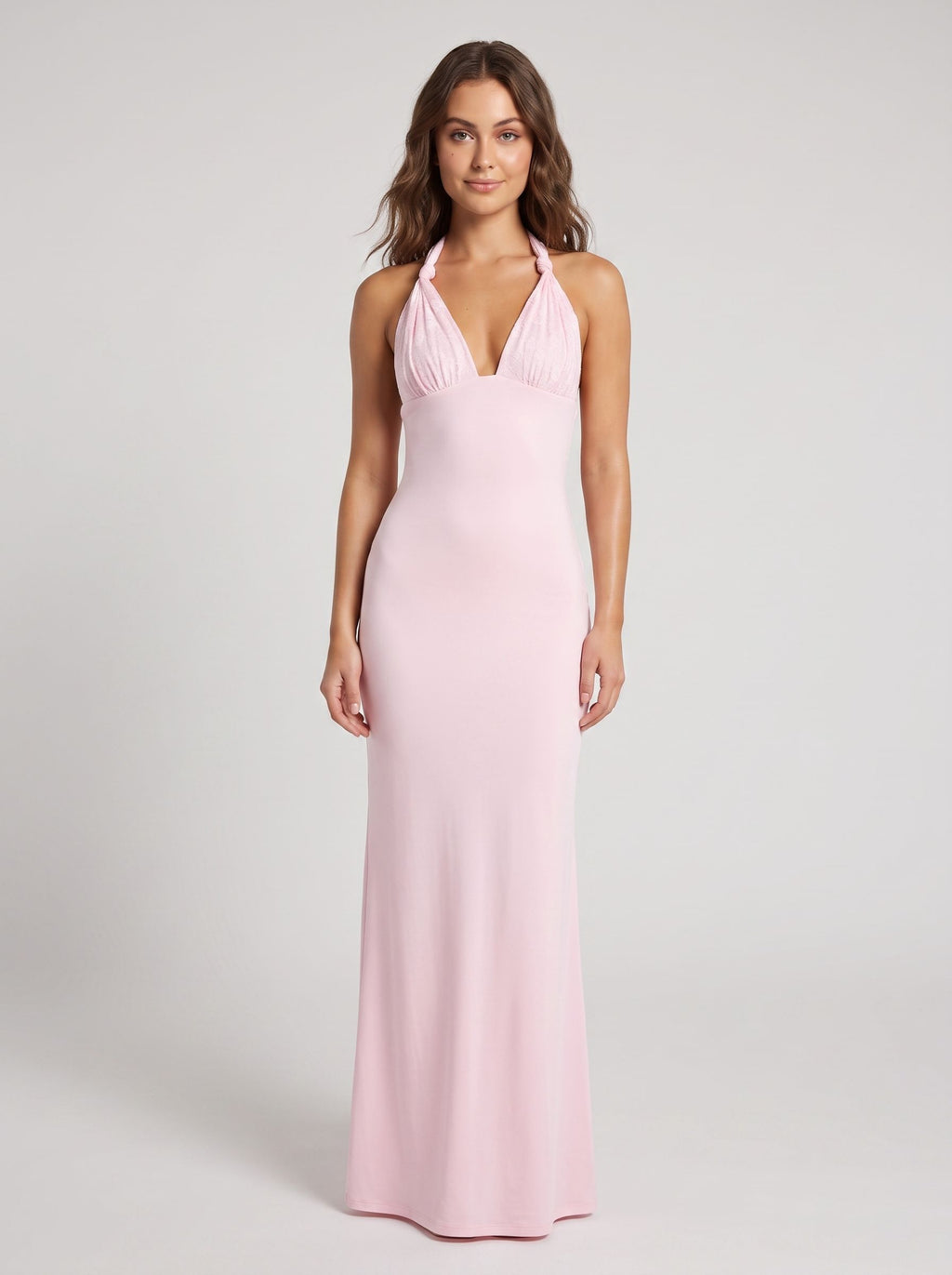 Blushing Pink Matte Satin Column Halter neckline Backless Floor-Length Dress with Lace Trim