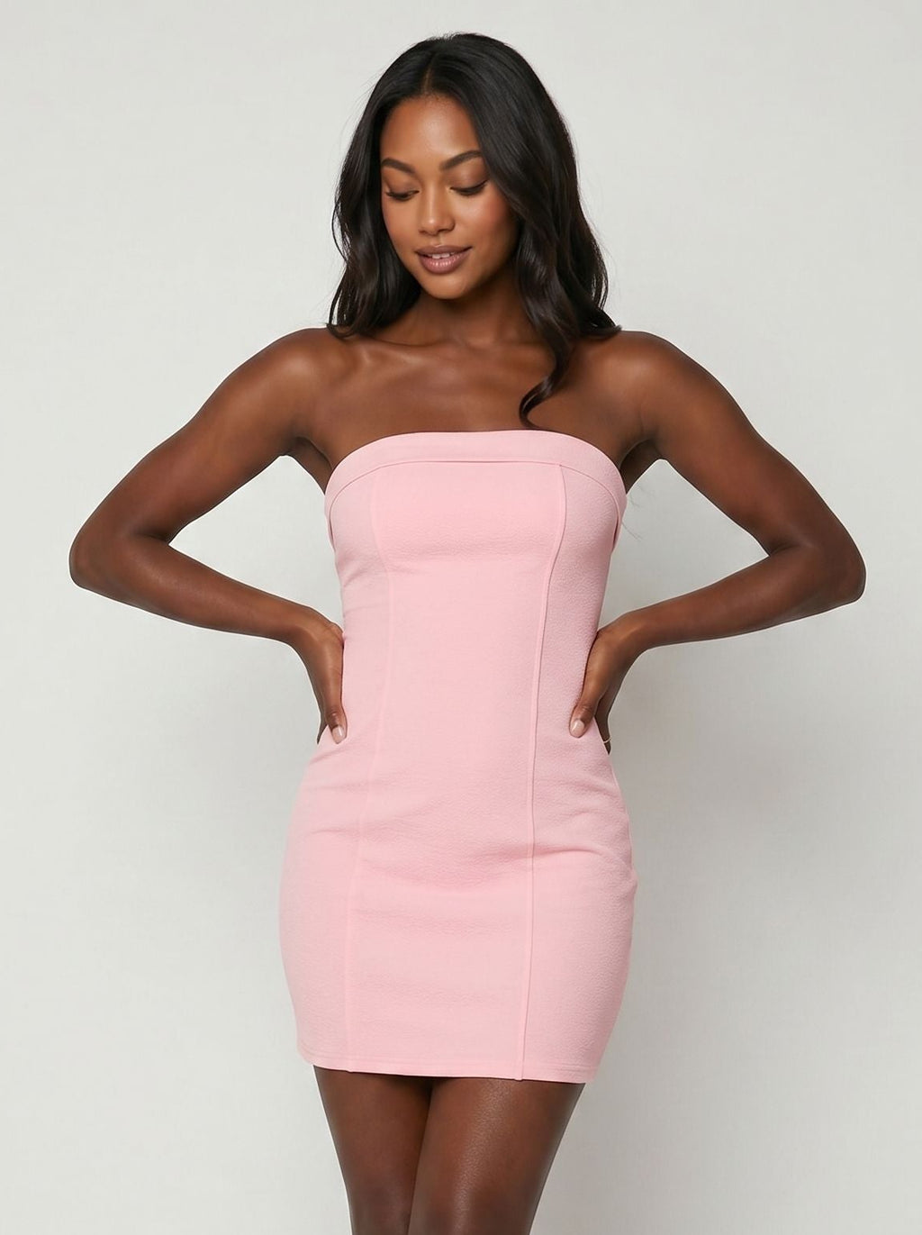 Petal Stretch Knit Sheath Straight Neck Back Zip Short Dress with Minimalist Bodice