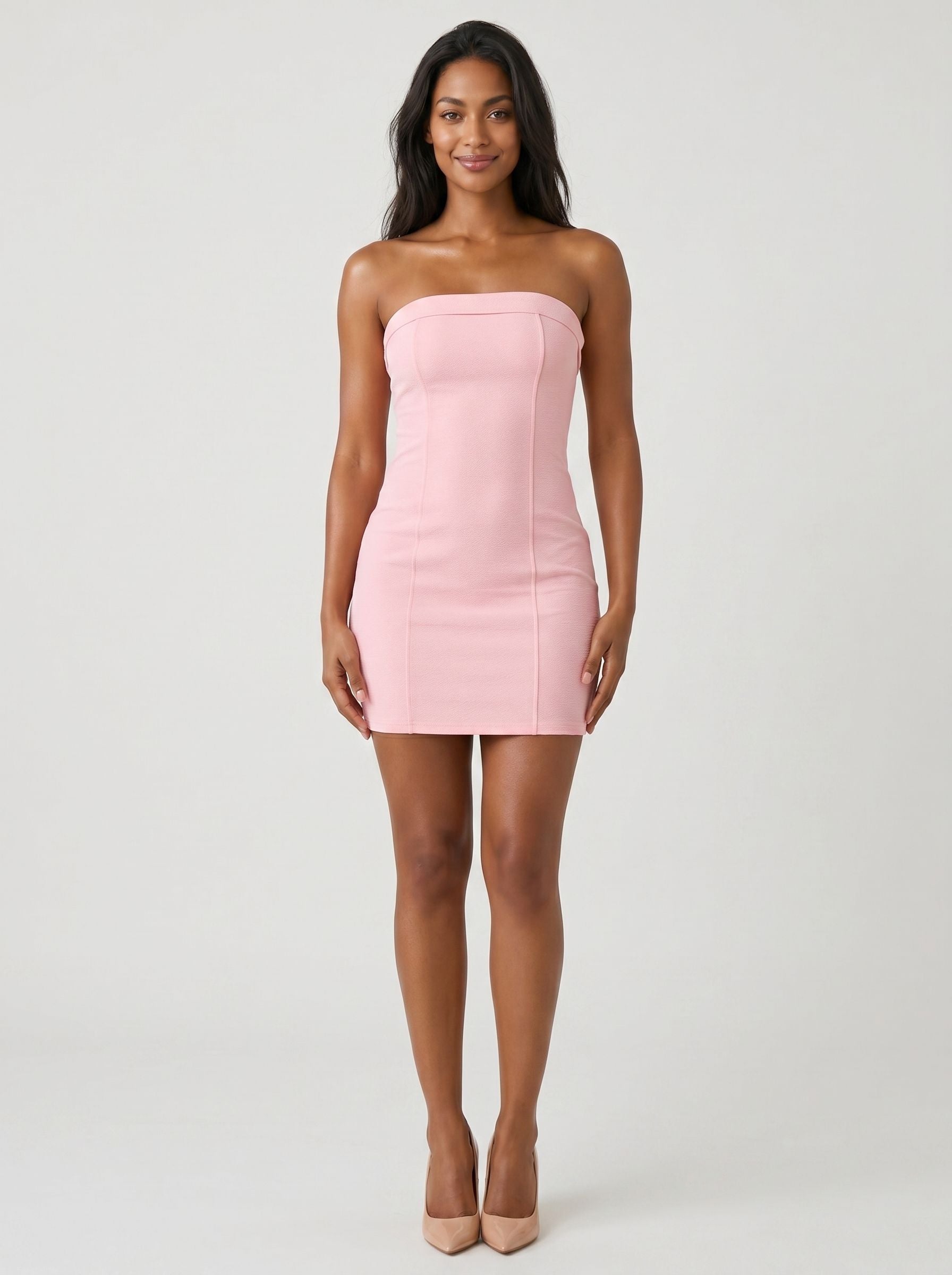 Petal Stretch Knit Sheath Straight Neck Back Zip Short Dress with Minimalist Bodice