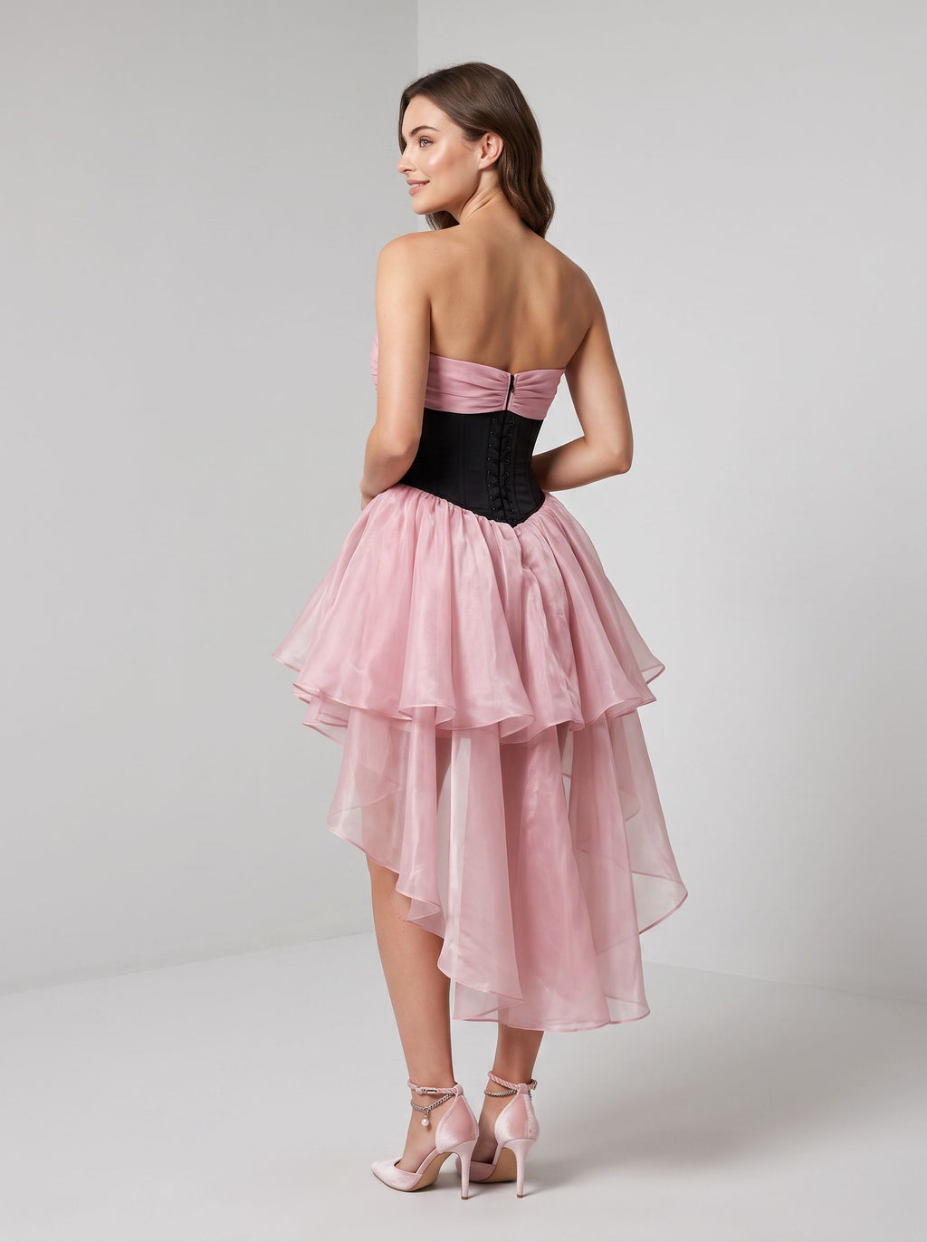 Petal Tulle A-Line Sweetheart Back Zip Asymmetrical Dress with Tiered Skirt