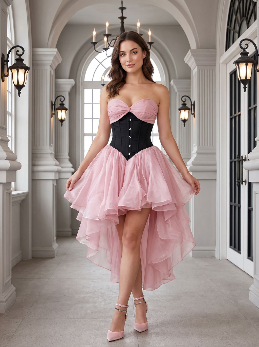 Petal Tulle A-Line Sweetheart Back Zip Asymmetrical Dress with Tiered Skirt