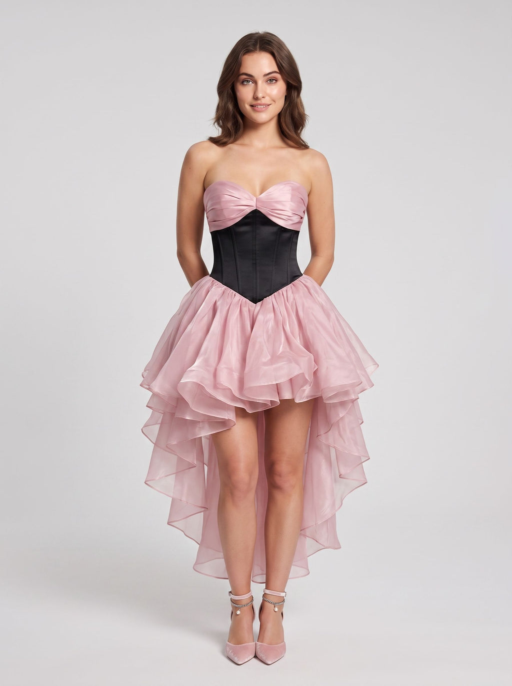 Petal Tulle A-Line Sweetheart Back Zip Asymmetrical Dress with Tiered Skirt