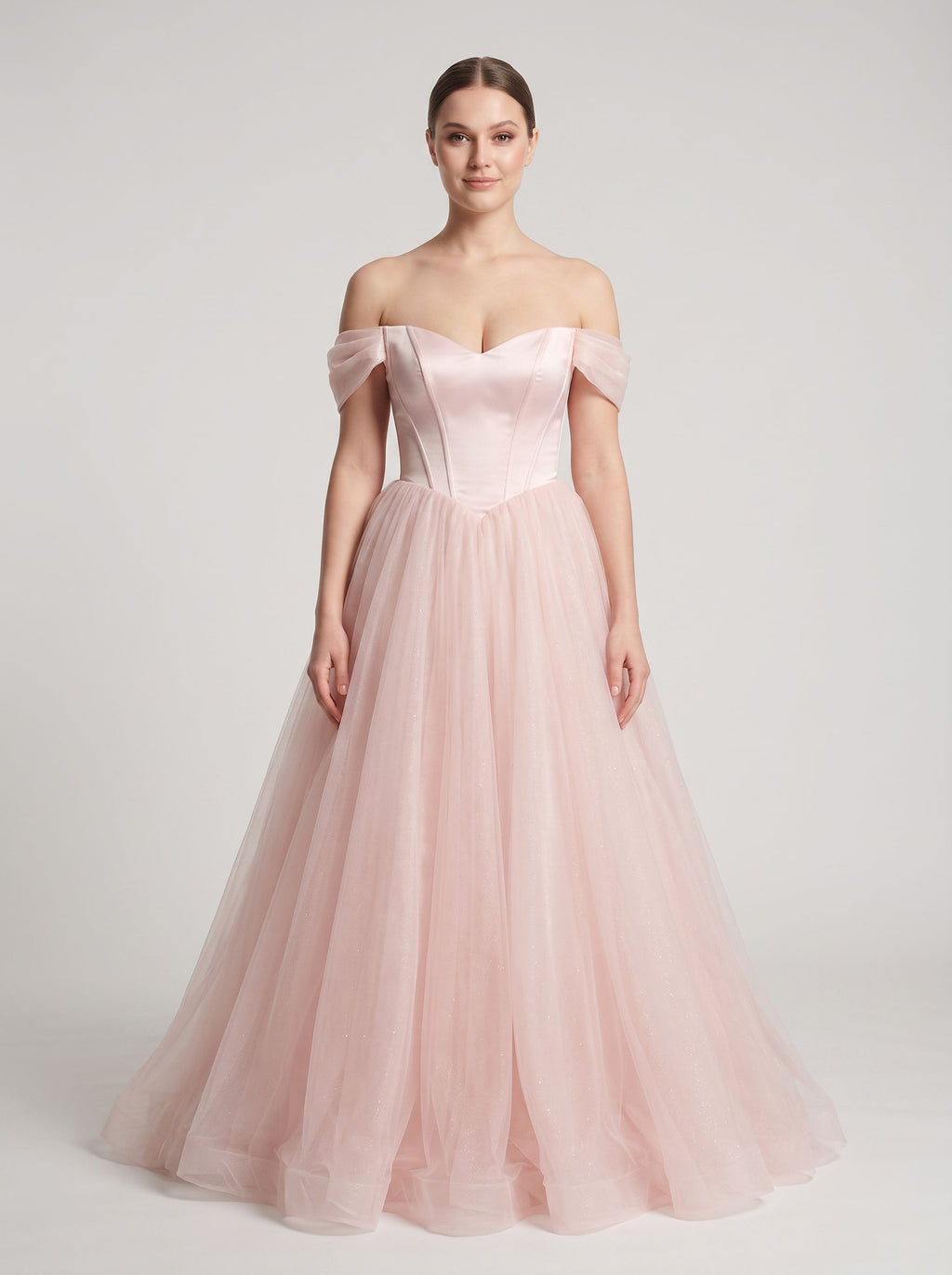 Blushing Pink Tulle A-Line Off-the-Shoulder Backless Floor-Length Dress with Built-In Bra