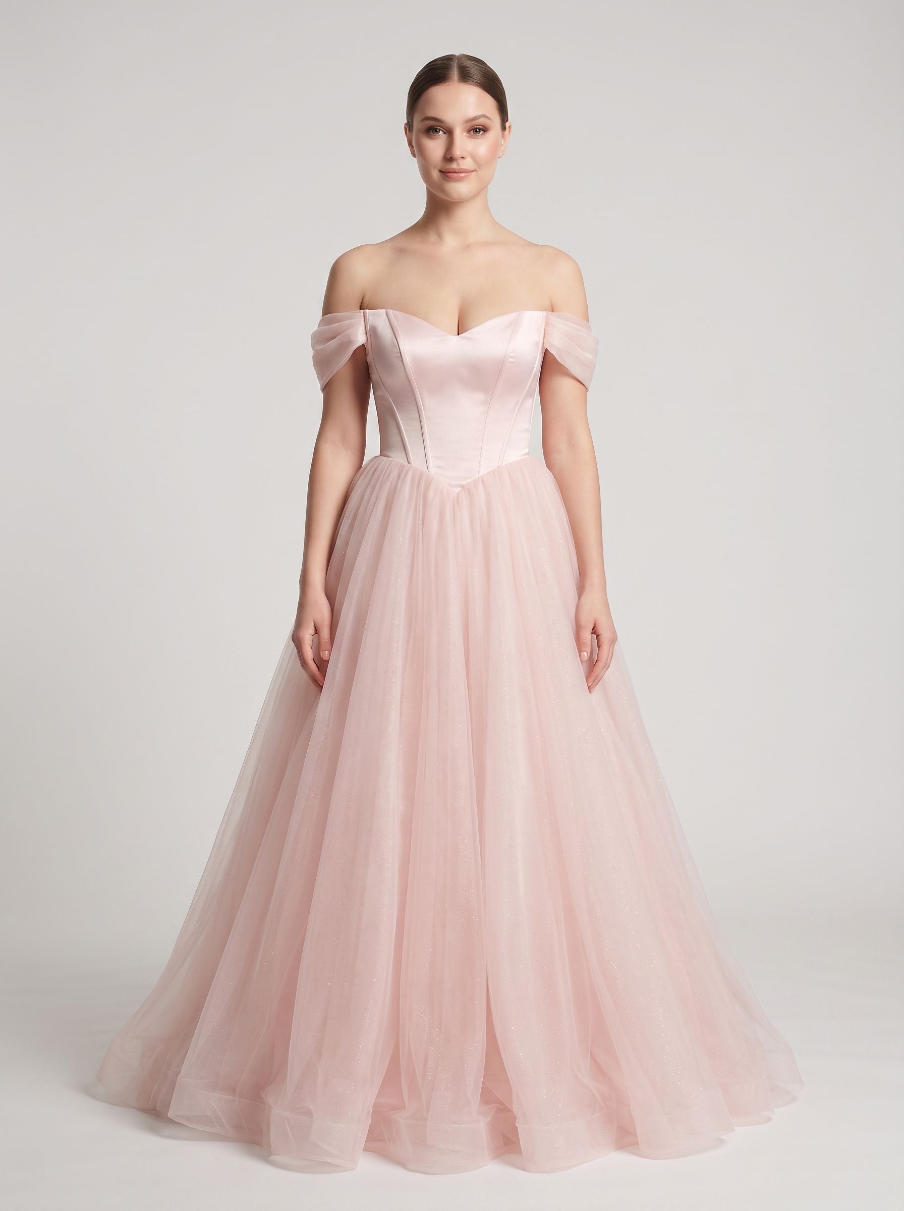 Blushing Pink Tulle A-Line Off-the-Shoulder Backless Floor-Length Dress with Built-In Bra
