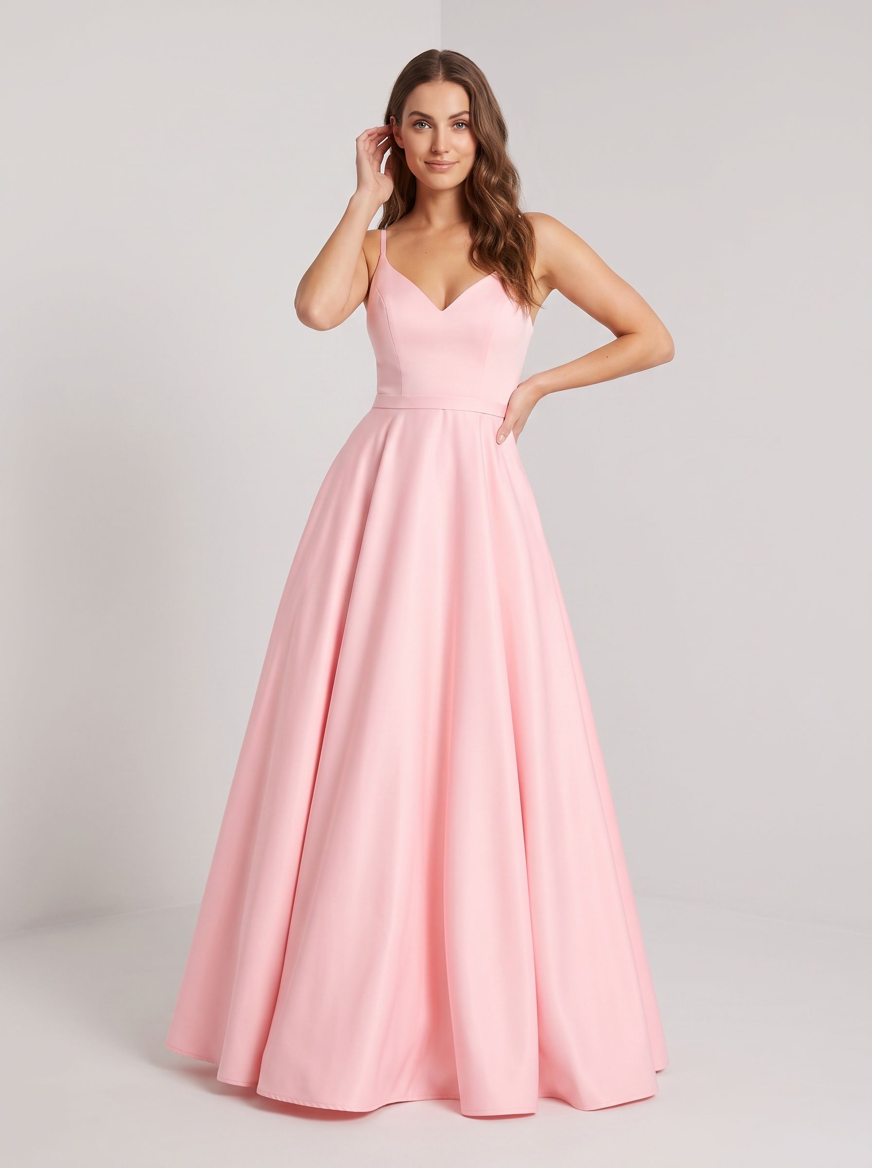 Petal Matte Satin A-Line V-Neck Back Zip Floor-Length Dress with Belted Waist
