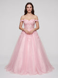 Petal Tulle A-Line Off-the-Shoulder Lace-up Floor-Length Dress with Lace Bodice