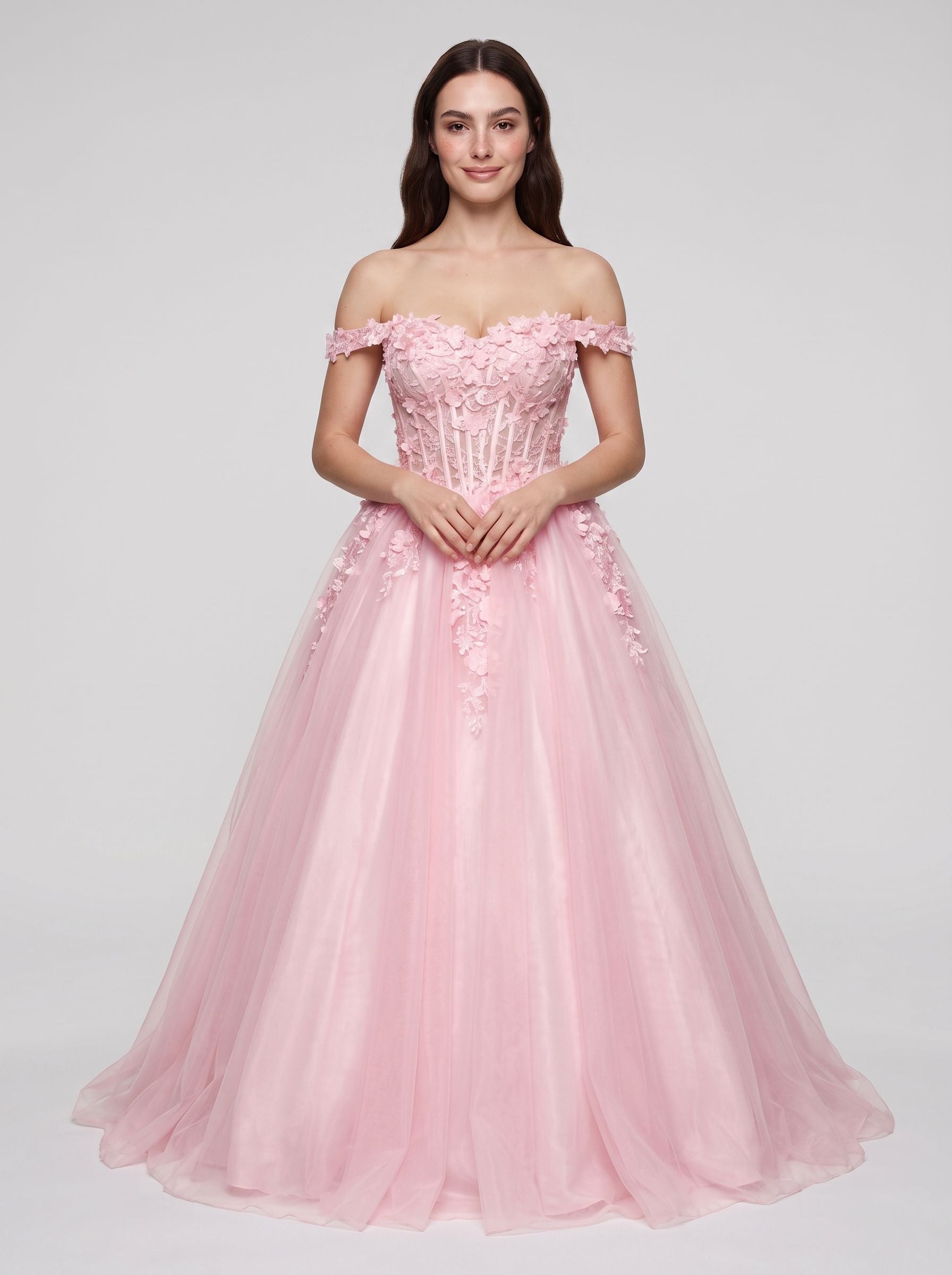 Petal Tulle A-Line Off-the-Shoulder Lace-up Floor-Length Dress with Lace Bodice