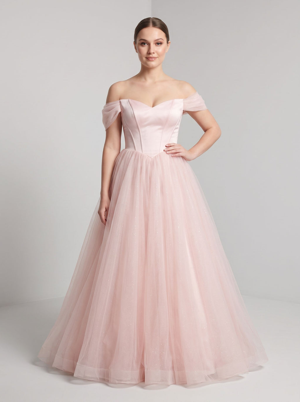 Blushing Pink Tulle A-Line Off-the-Shoulder Backless Floor-Length Dress with Built-In Bra