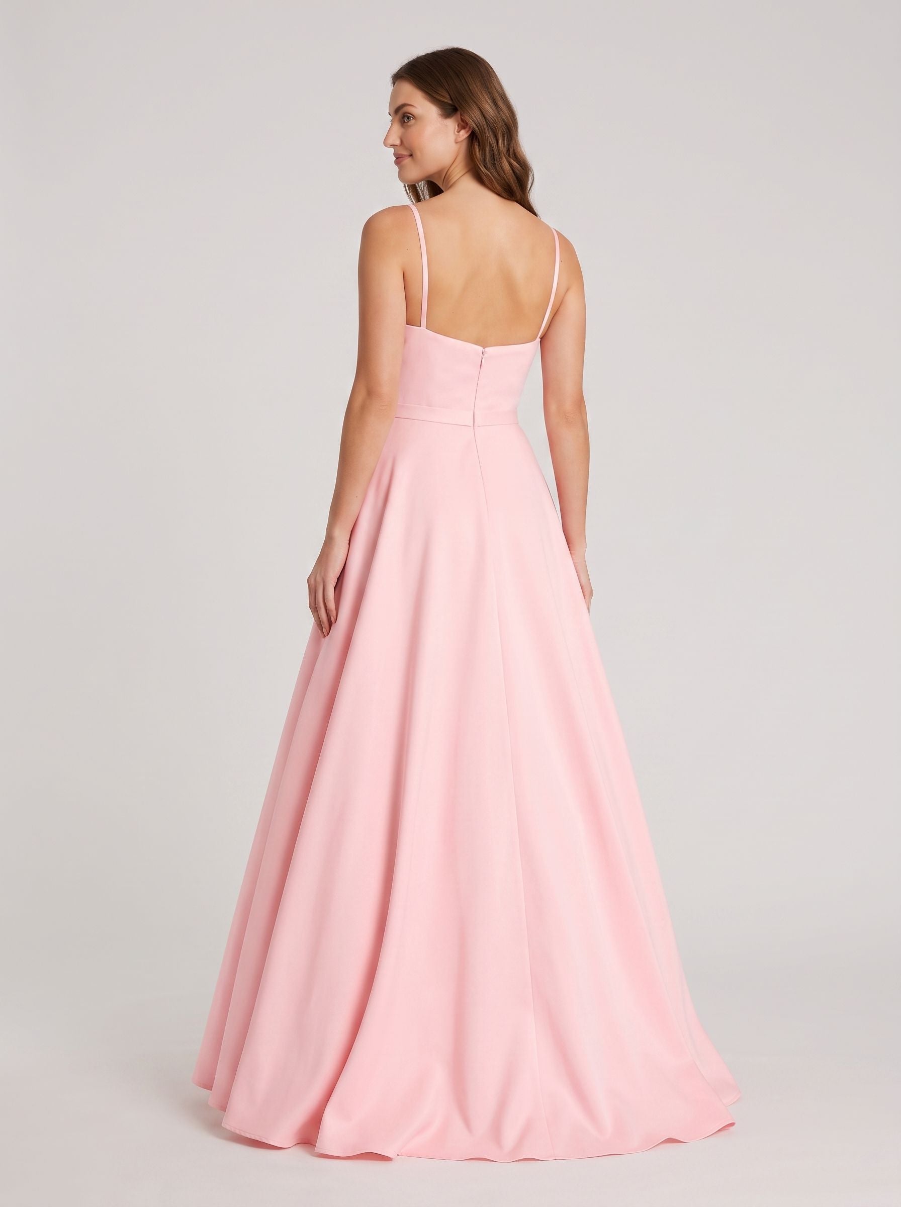 Petal Matte Satin A-Line V-Neck Back Zip Floor-Length Dress with Belted Waist
