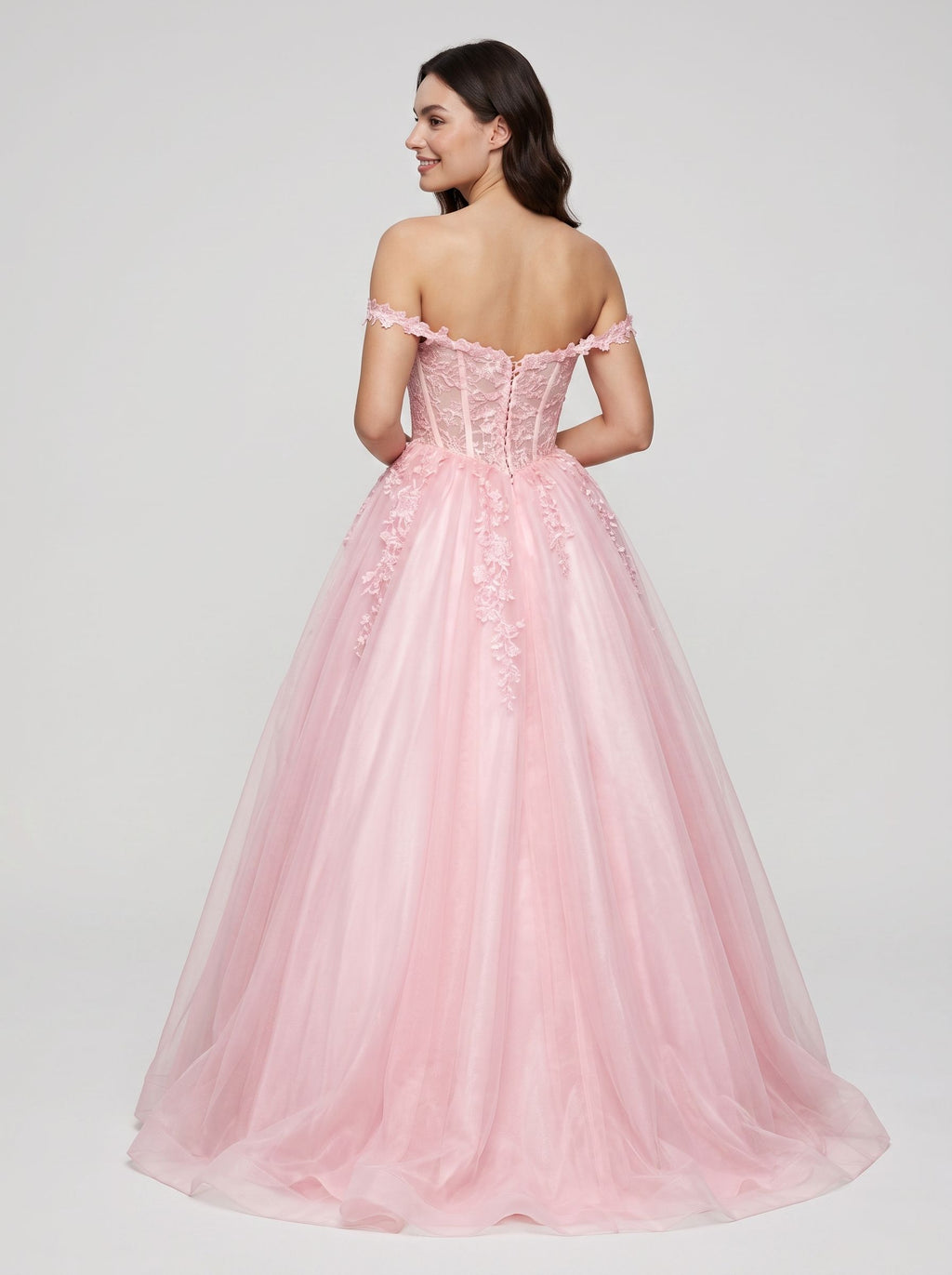 Petal Tulle A-Line Off-the-Shoulder Lace-up Floor-Length Dress with Lace Bodice