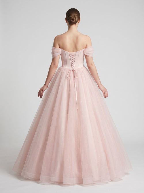 Blushing Pink Tulle A-Line Off-the-Shoulder Backless Floor-Length Dress with Built-In Bra