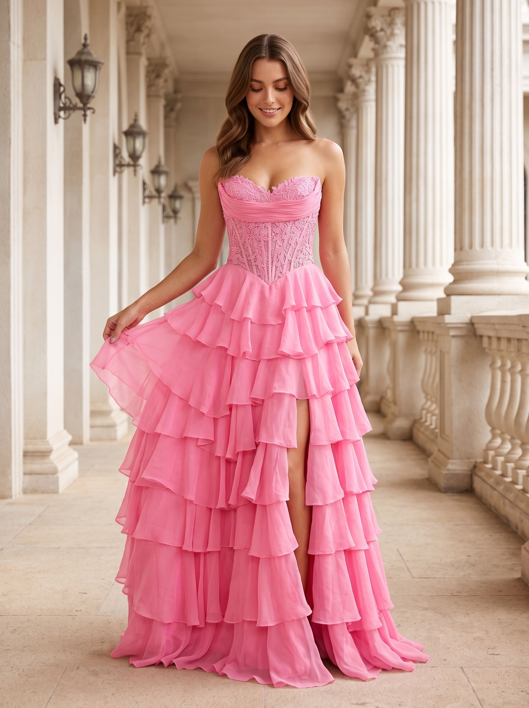Petal Tulle A-Line Sweetheart Corset Back Floor-Length Dress with Appliques