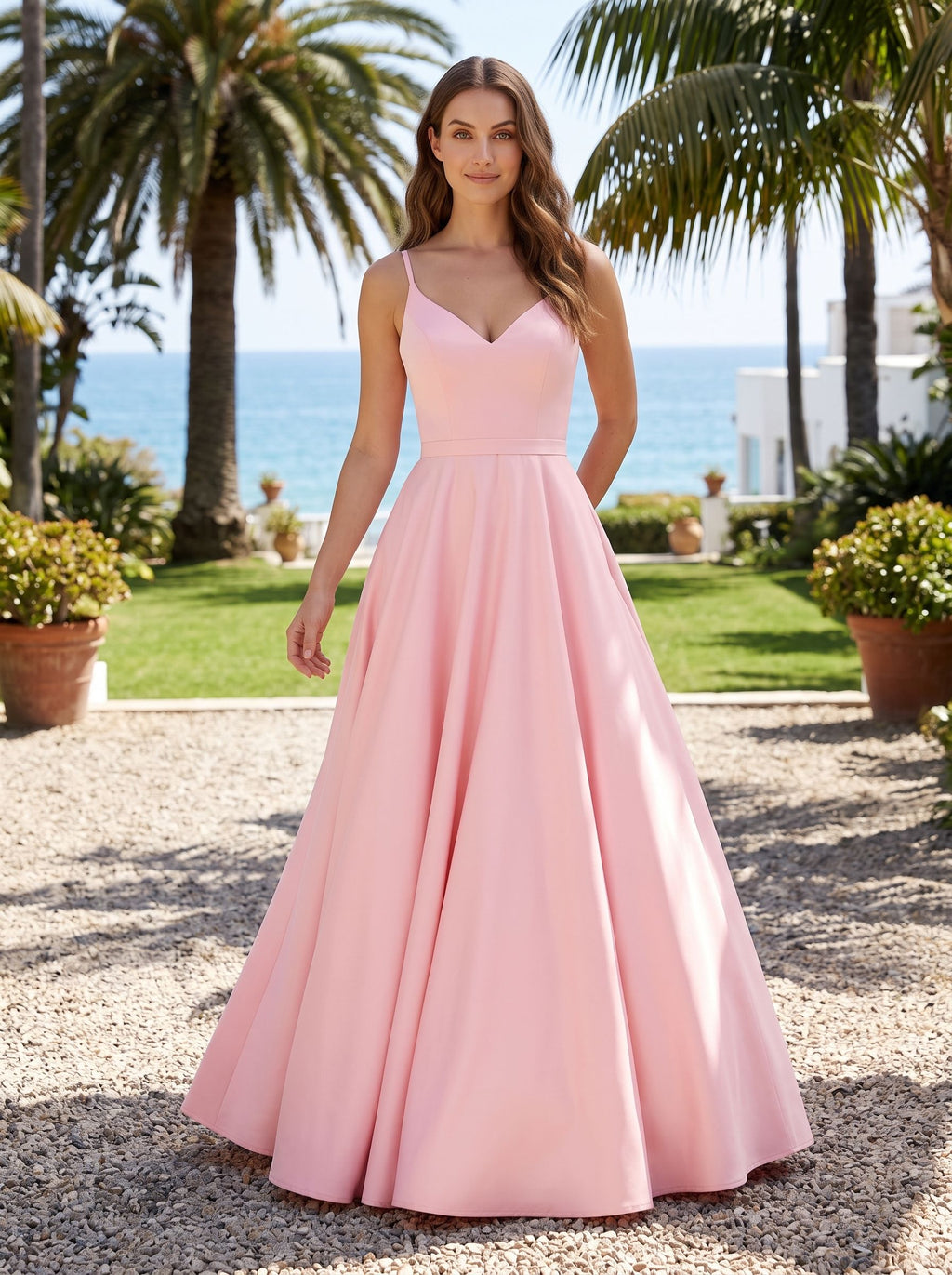 Petal Matte Satin A-Line V-Neck Back Zip Floor-Length Dress with Belted Waist