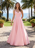 Petal Matte Satin A-Line V-Neck Back Zip Floor-Length Dress with Belted Waist