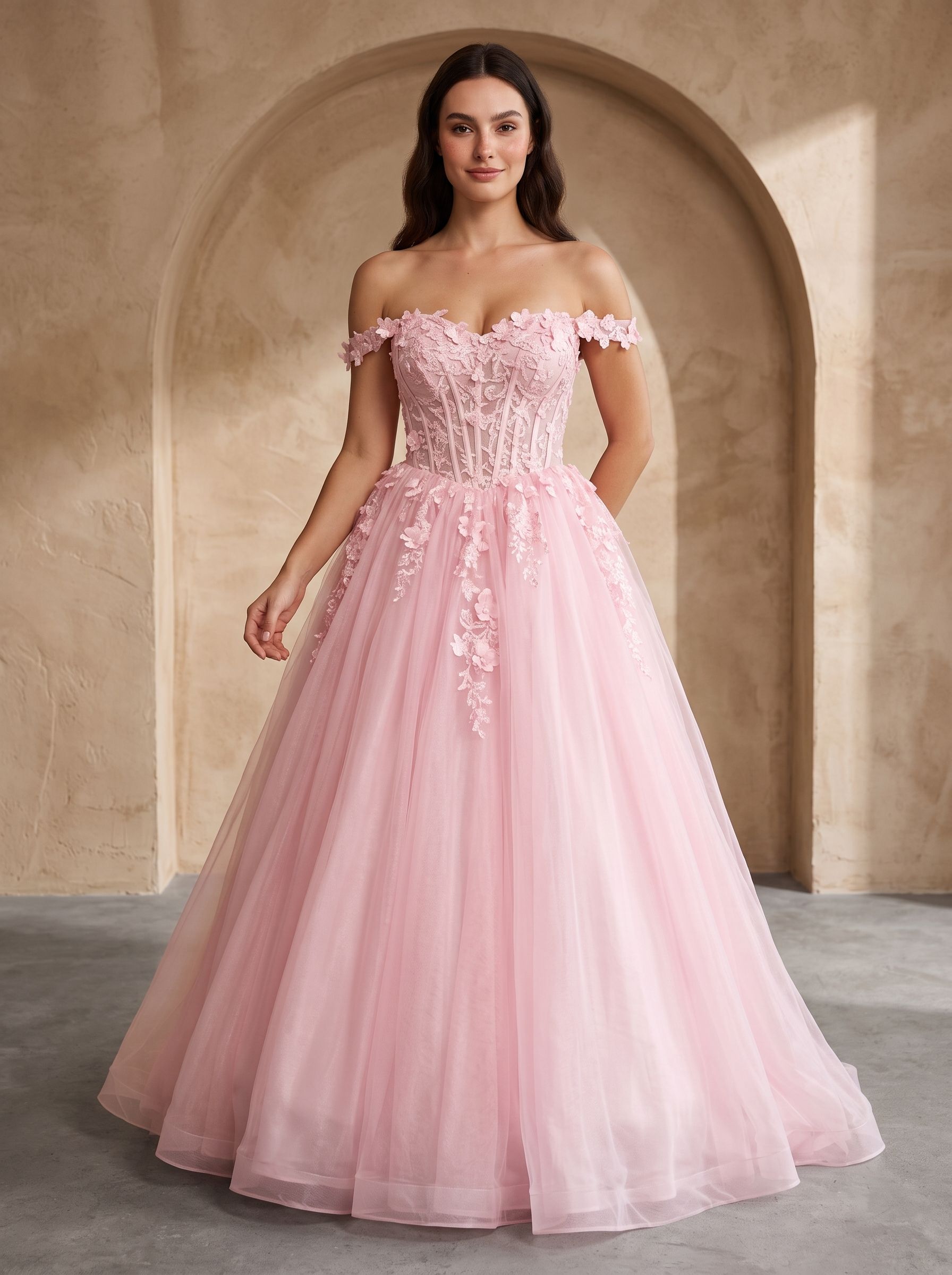 Petal Tulle A-Line Off-the-Shoulder Lace-up Floor-Length Dress with Lace Bodice